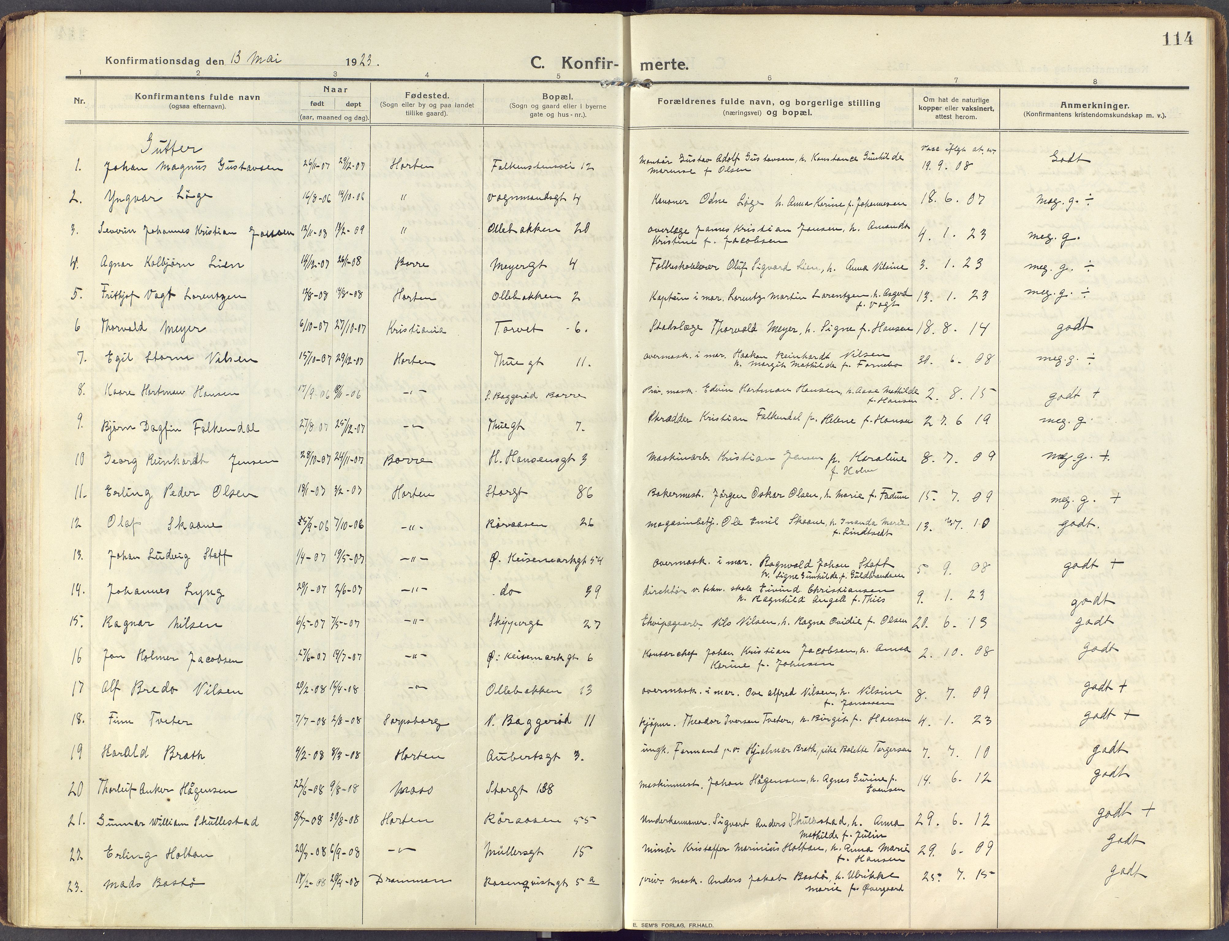 Horten kirkebøker, SAKO/A-348/F/Fa/L0010: Parish register (official) no. 10, 1913-1925, p. 114