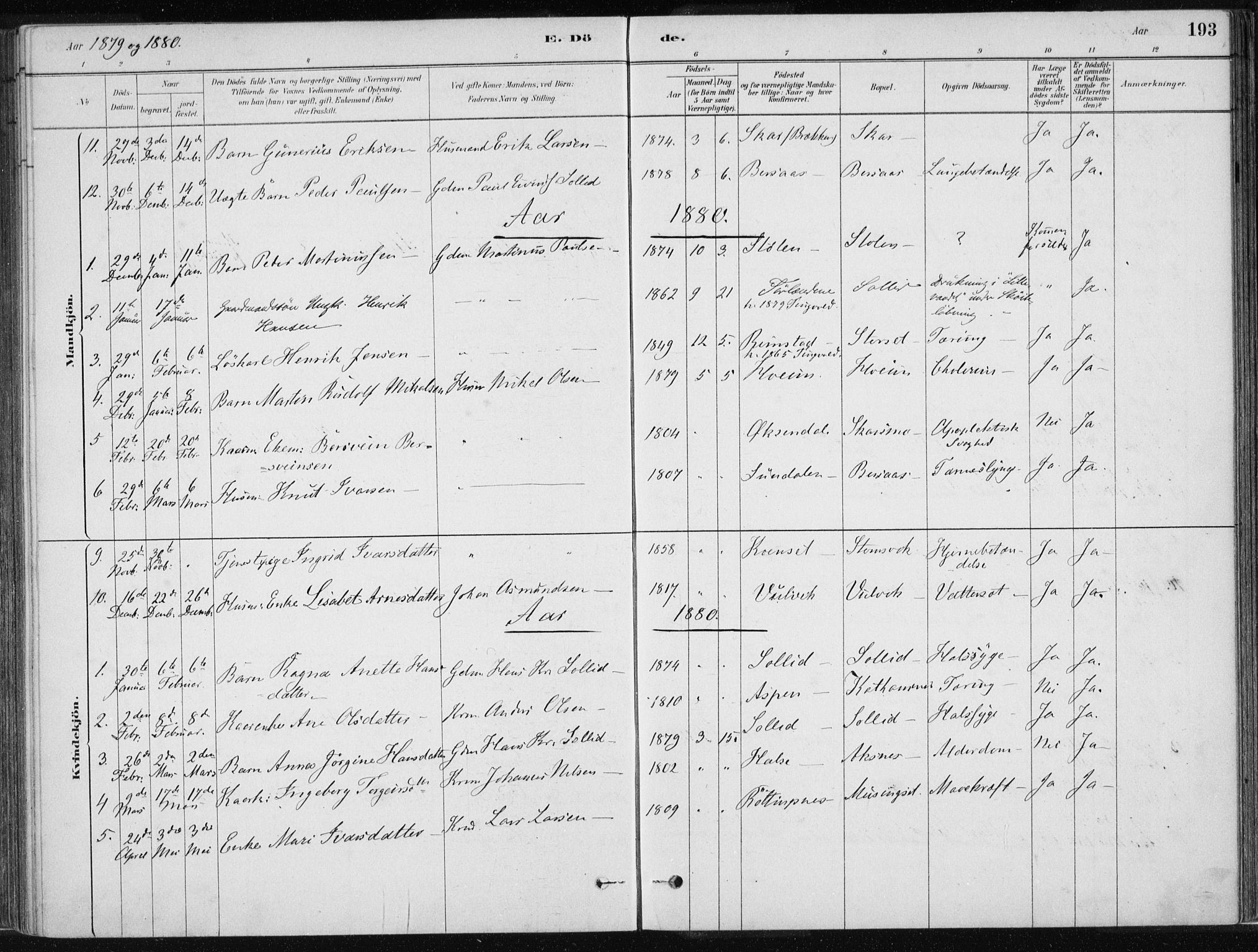 Ministerialprotokoller, klokkerbøker og fødselsregistre - Møre og Romsdal, AV/SAT-A-1454/586/L0987: Parish register (official) no. 586A13, 1879-1892, p. 193