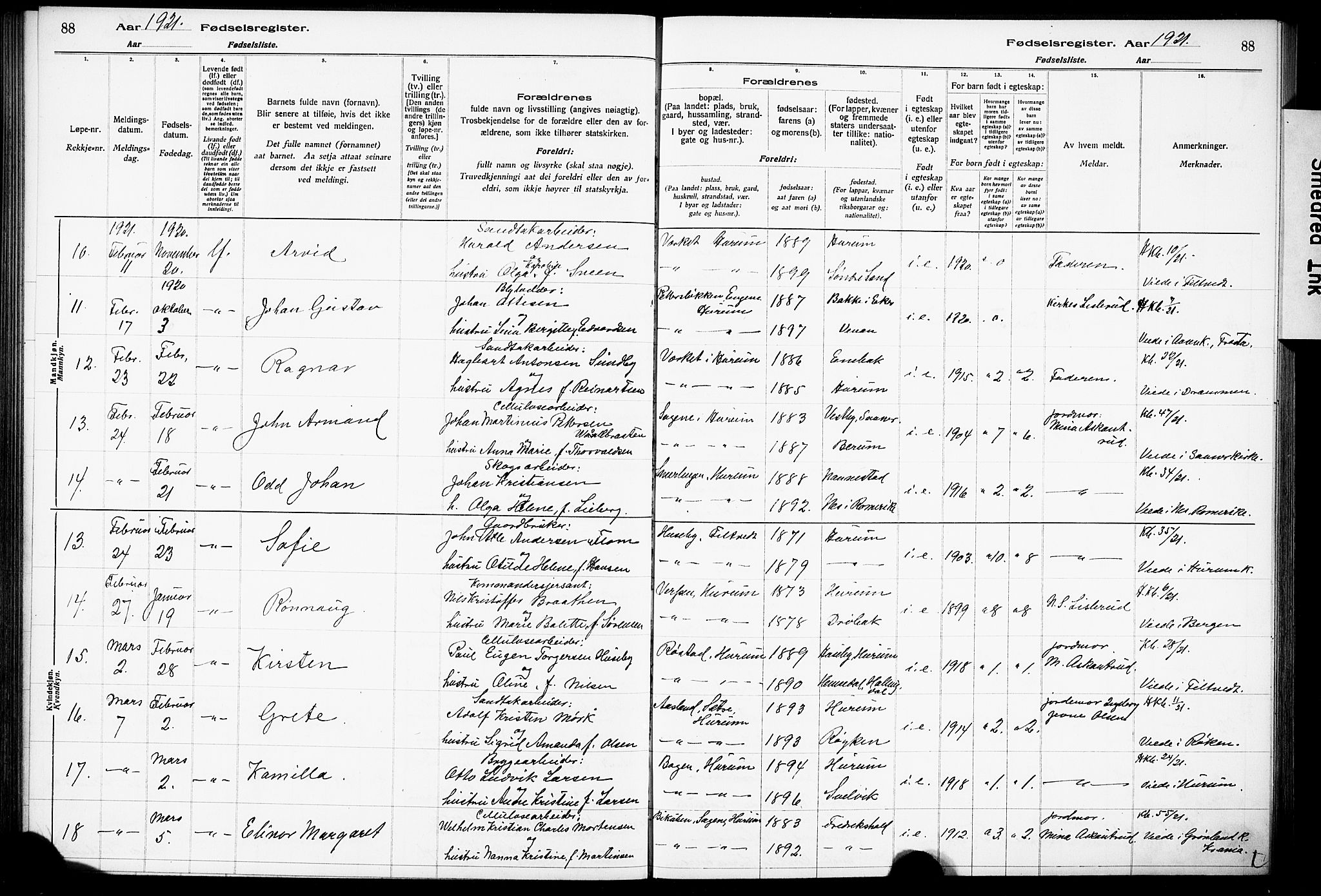 Hurum kirkebøker, AV/SAKO-A-229/J/Ja/L0001: Birth register no. 1, 1916-1928, p. 88