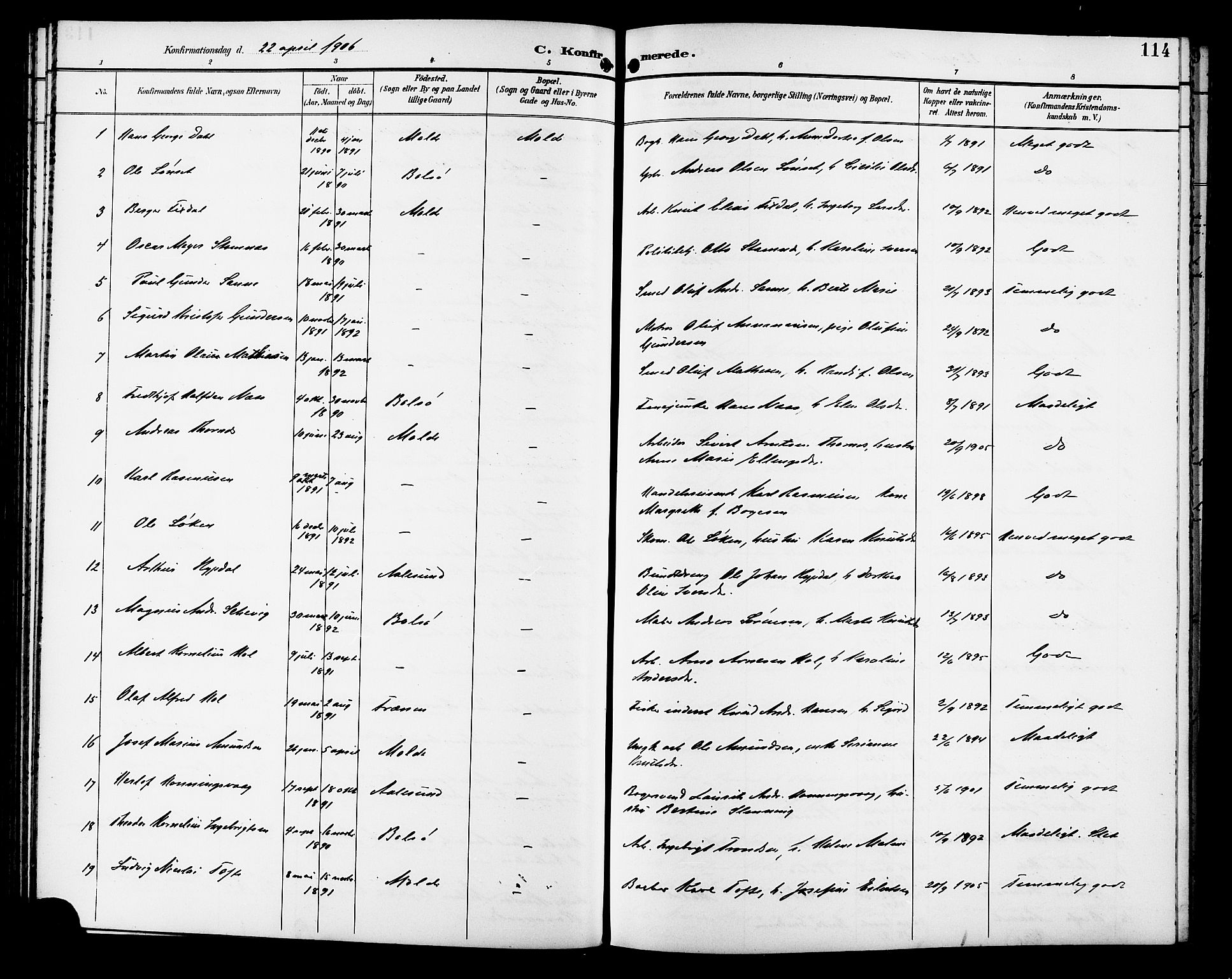 Ministerialprotokoller, klokkerbøker og fødselsregistre - Møre og Romsdal, SAT/A-1454/558/L0702: Parish register (copy) no. 558C03, 1894-1915, p. 114
