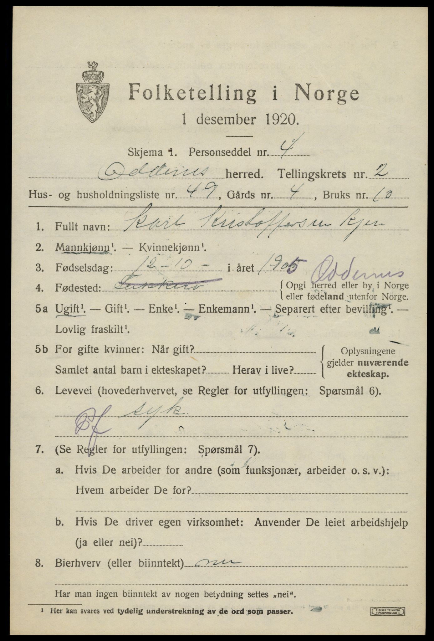 SAK, 1920 census for Oddernes, 1920, p. 3331