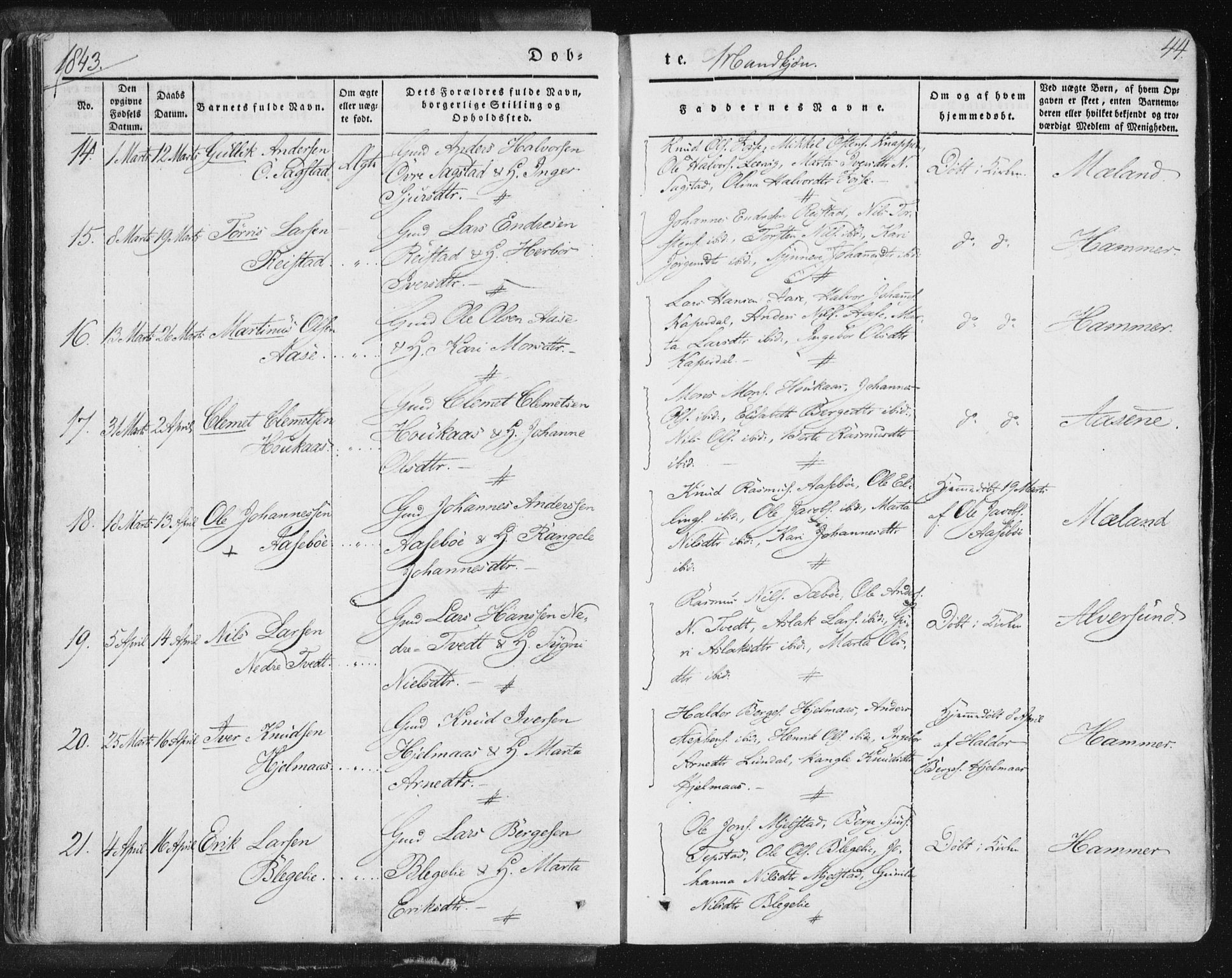 Hamre sokneprestembete, AV/SAB-A-75501/H/Ha/Haa/Haaa/L0012: Parish register (official) no. A 12, 1834-1845, p. 44