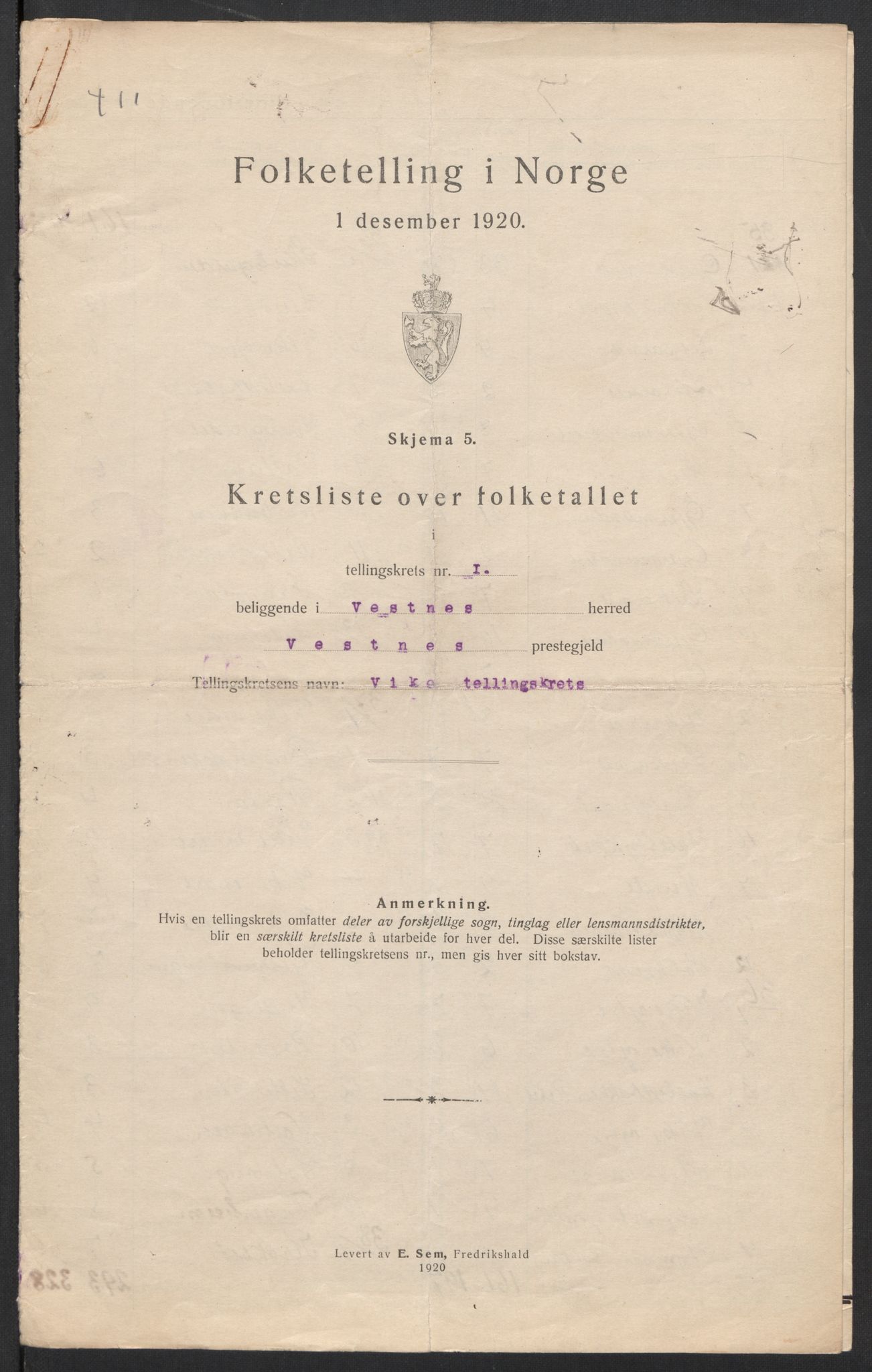 SAT, 1920 census for Vestnes, 1920, p. 7