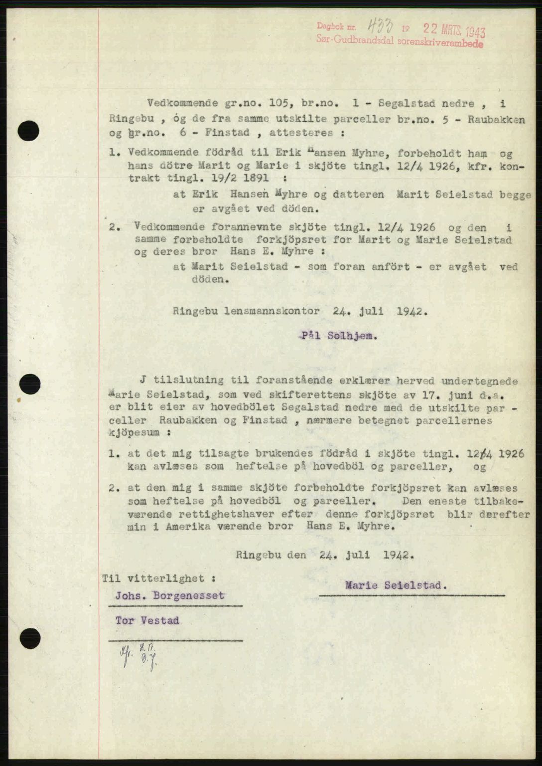 Sør-Gudbrandsdal tingrett, SAH/TING-004/H/Hb/Hbf/L0002: Mortgage book no. C1, 1938-1951, Diary no: : 433/1943