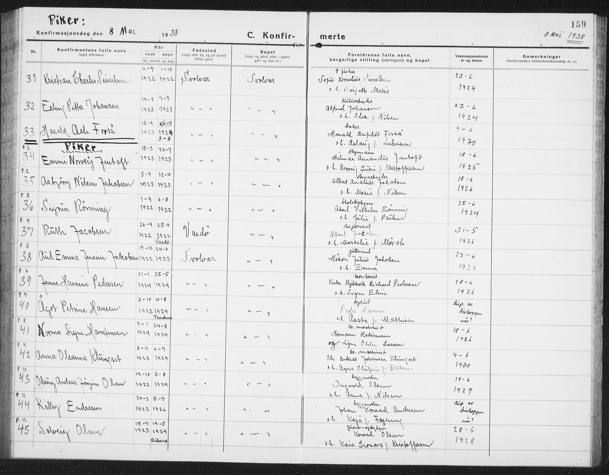 Ministerialprotokoller, klokkerbøker og fødselsregistre - Nordland, AV/SAT-A-1459/877/L1117: Parish register (copy) no. 877C01, 1923-1942, p. 159