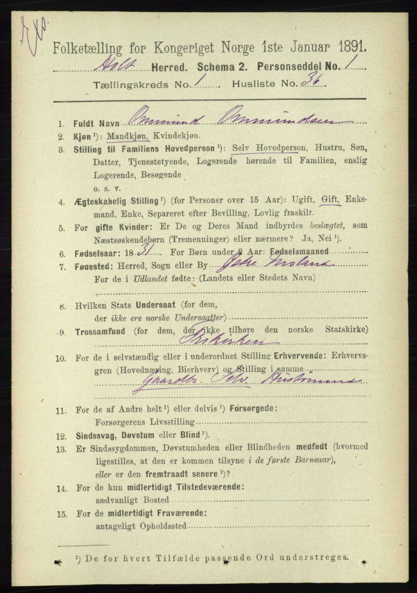 RA, Census 1891 for Nedenes amt: Gjenparter av personsedler for beslektede ektefeller, menn, 1891, p. 270