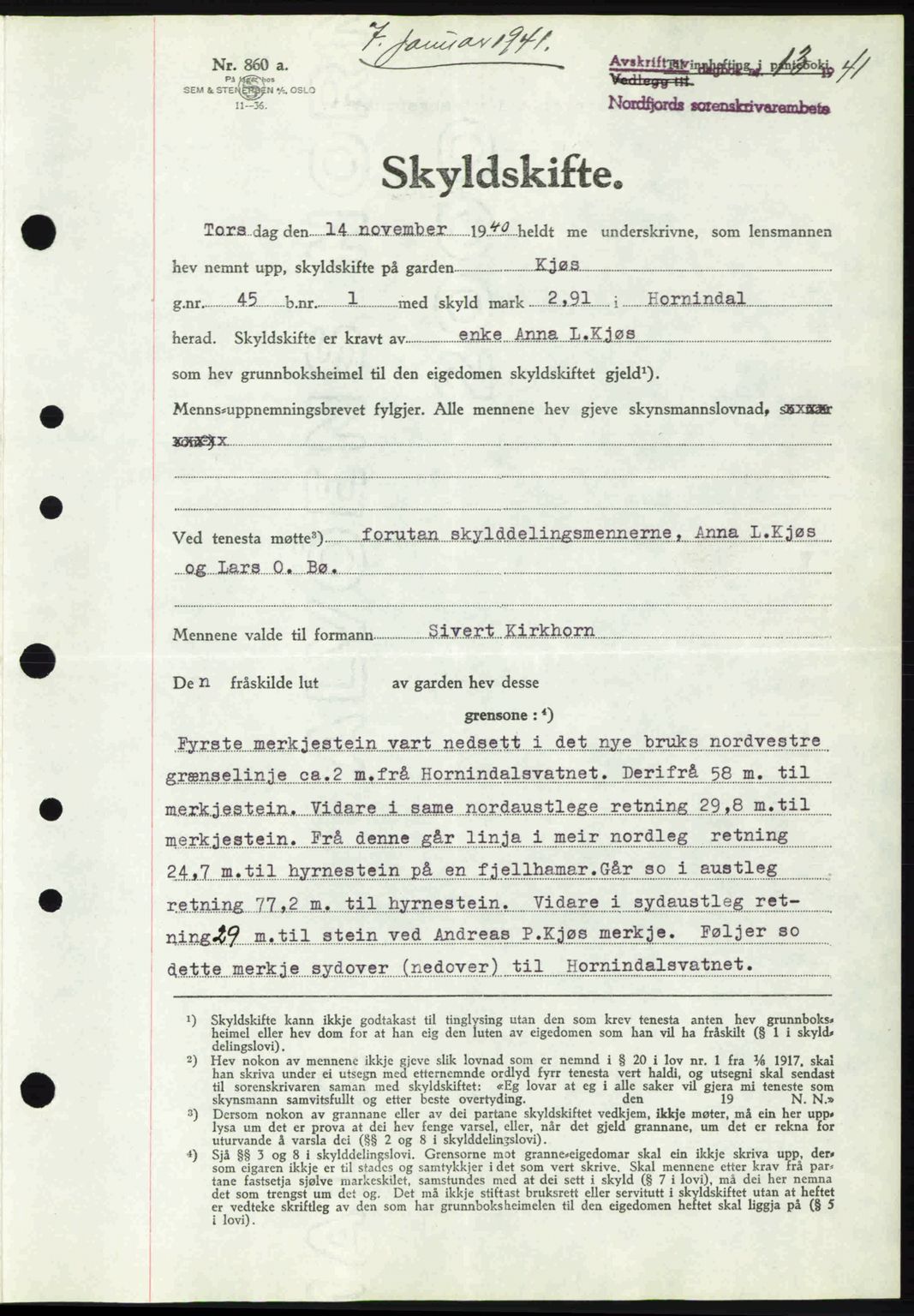 Nordfjord sorenskriveri, AV/SAB-A-2801/02/02b/02bj/L0006: Mortgage book no. A6, 1940-1941, Diary no: : 13/1941