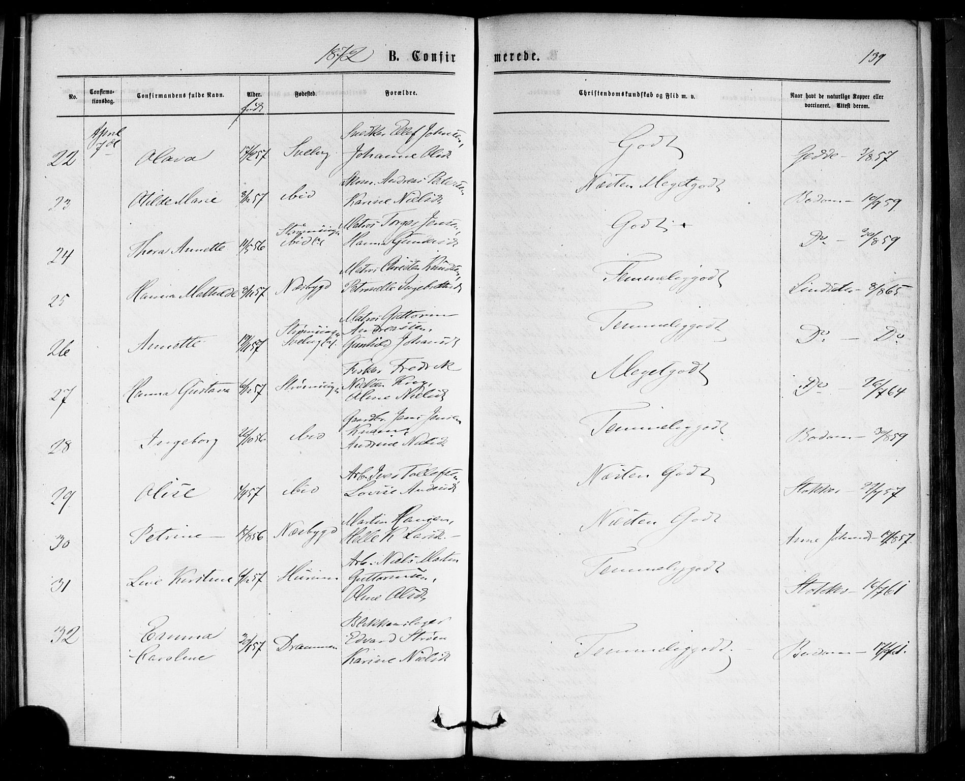 Strømm kirkebøker, AV/SAKO-A-322/F/Fa/L0002: Parish register (official) no. I 2, 1870-1877, p. 139