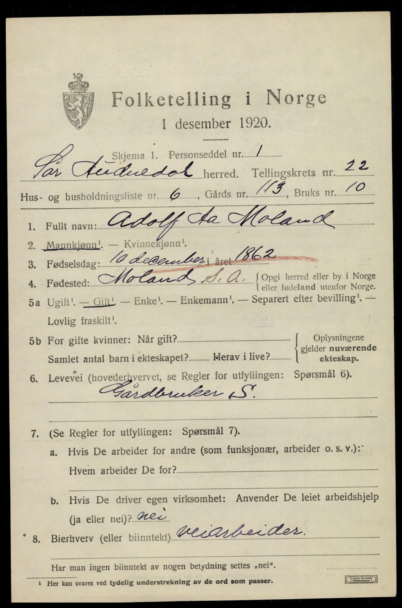 SAK, 1920 census for Sør-Audnedal, 1920, p. 7141