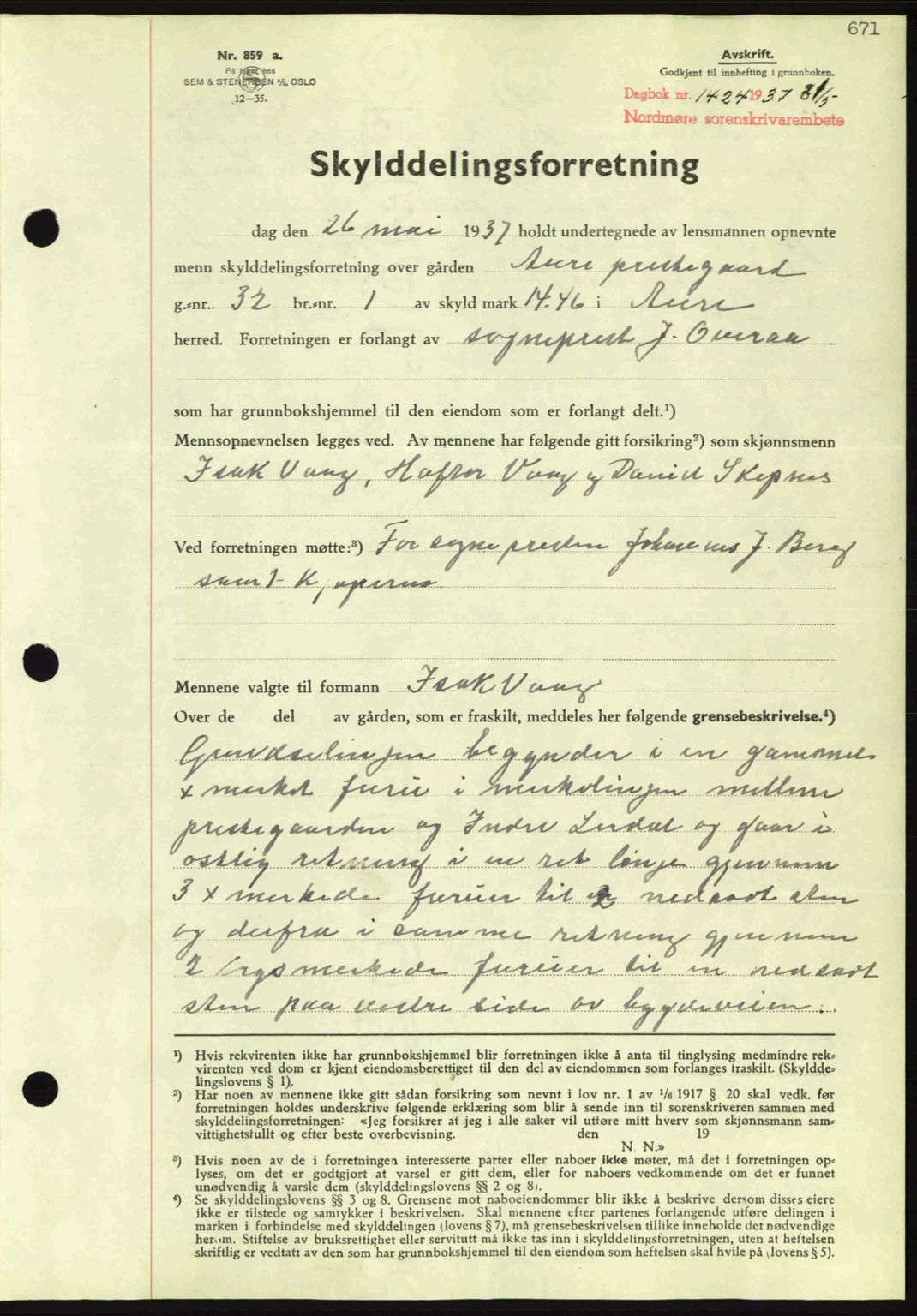 Nordmøre sorenskriveri, AV/SAT-A-4132/1/2/2Ca: Mortgage book no. A81, 1937-1937, Diary no: : 1424/1937