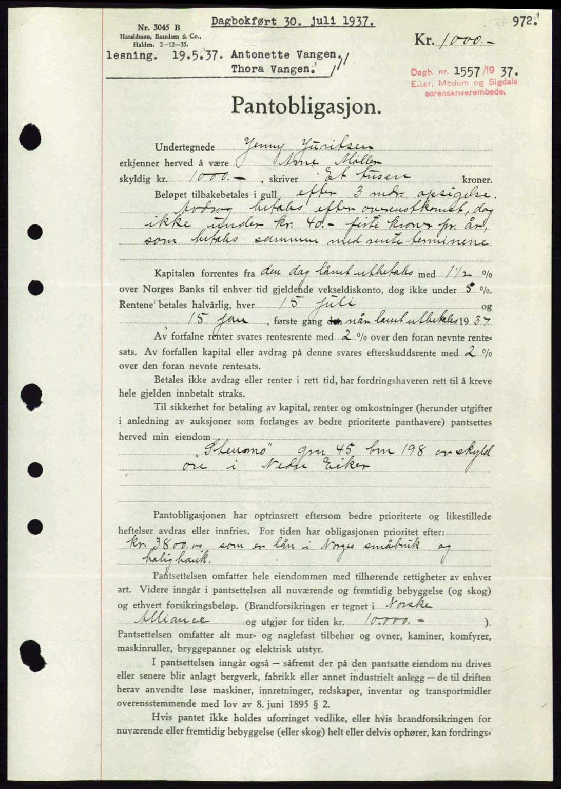 Eiker, Modum og Sigdal sorenskriveri, SAKO/A-123/G/Ga/Gab/L0035: Mortgage book no. A5, 1937-1937, Diary no: : 1557/1937