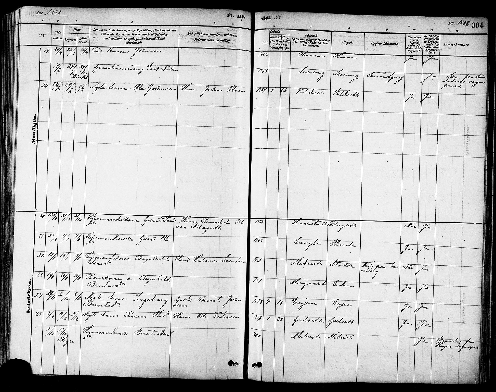 Ministerialprotokoller, klokkerbøker og fødselsregistre - Sør-Trøndelag, AV/SAT-A-1456/695/L1148: Parish register (official) no. 695A08, 1878-1891, p. 394