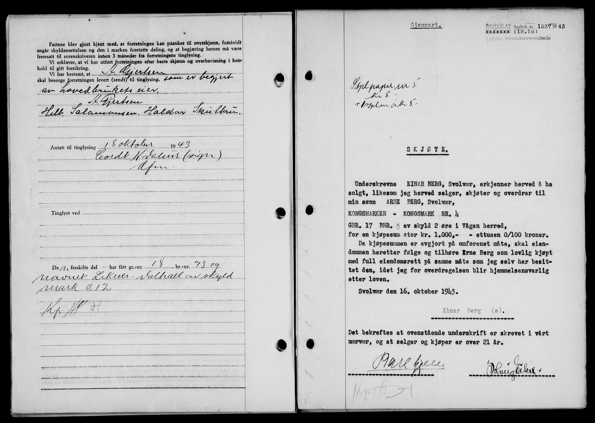 Lofoten sorenskriveri, SAT/A-0017/1/2/2C/L0011a: Mortgage book no. 11a, 1943-1943, Diary no: : 1237/1943