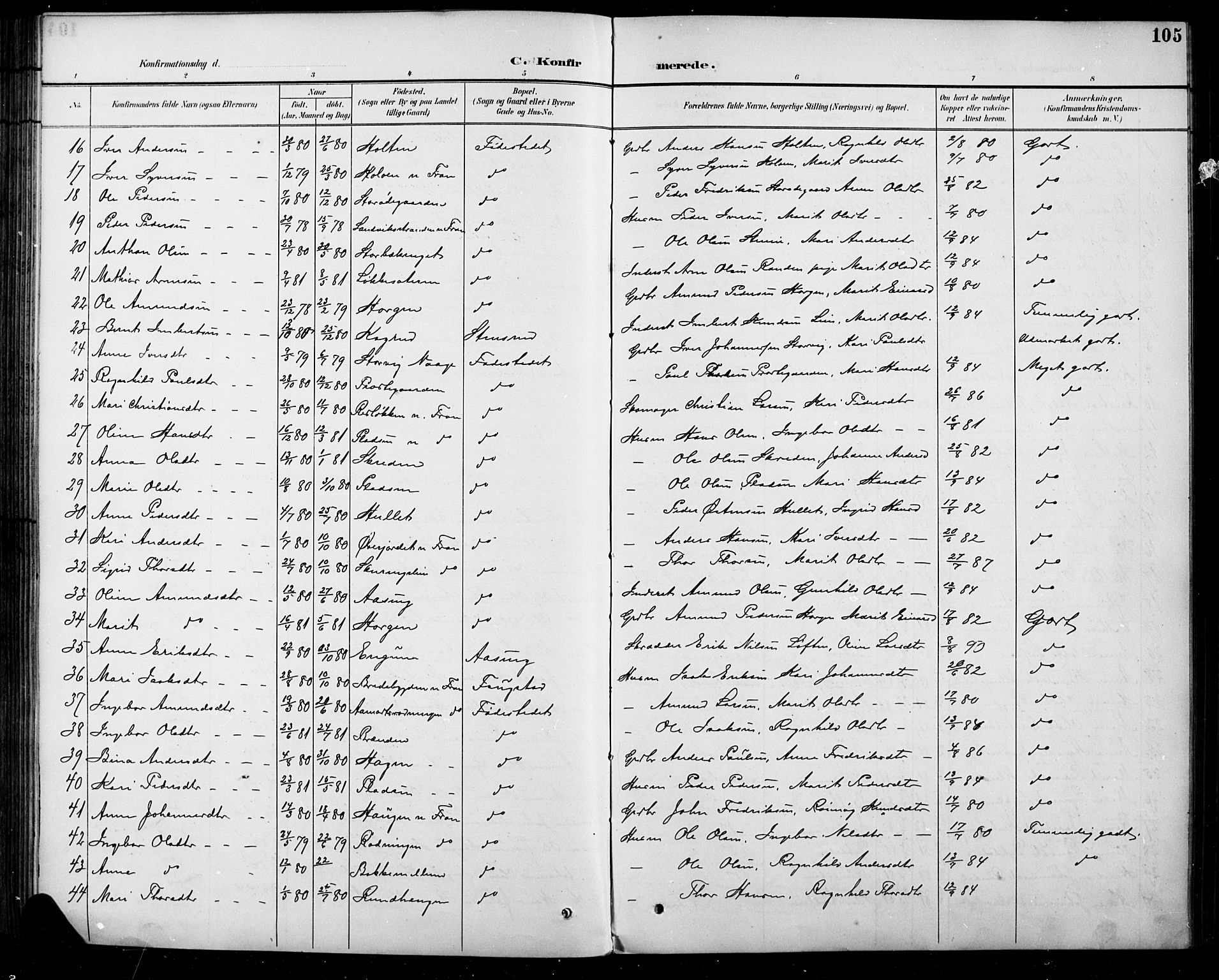 Sel prestekontor, SAH/PREST-074/H/Ha/Hab/L0005: Parish register (copy) no. 5, 1894-1923, p. 105