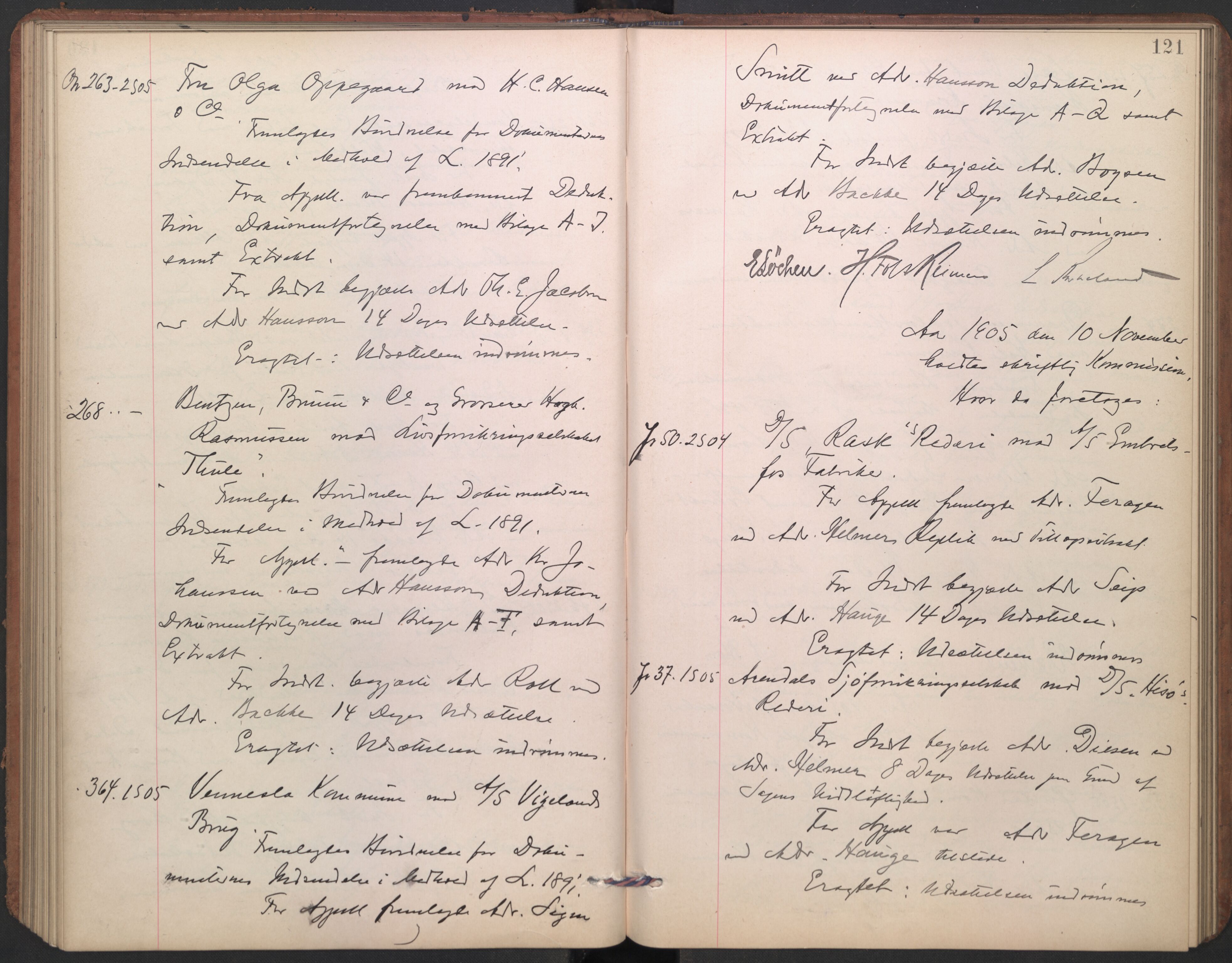 Høyesterett, AV/RA-S-1002/E/Ef/L0021: Protokoll over saker som gikk til skriftlig behandling, 1904-1907, p. 120b-121a