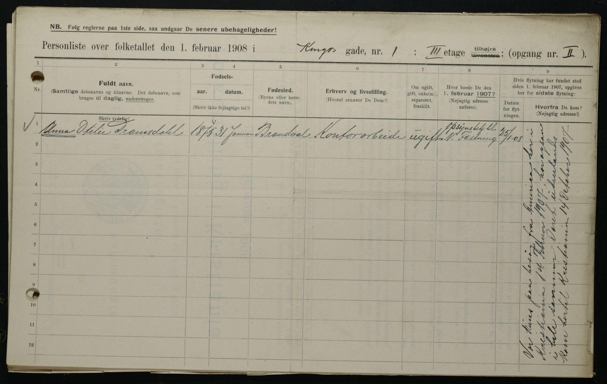 OBA, Municipal Census 1908 for Kristiania, 1908, p. 44312