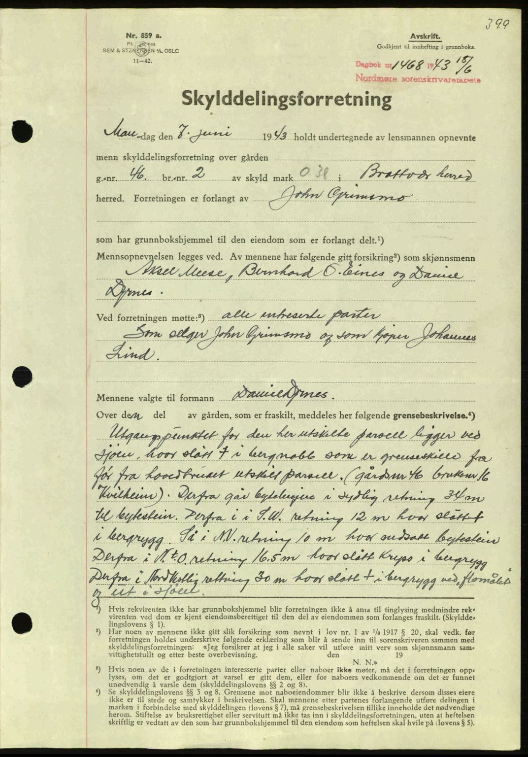 Nordmøre sorenskriveri, AV/SAT-A-4132/1/2/2Ca: Mortgage book no. A95, 1943-1943, Diary no: : 1468/1943