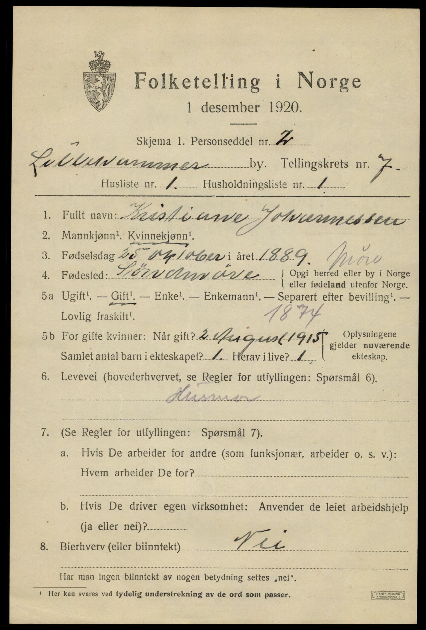 SAH, 1920 census for Lillehammer, 1920, p. 9412