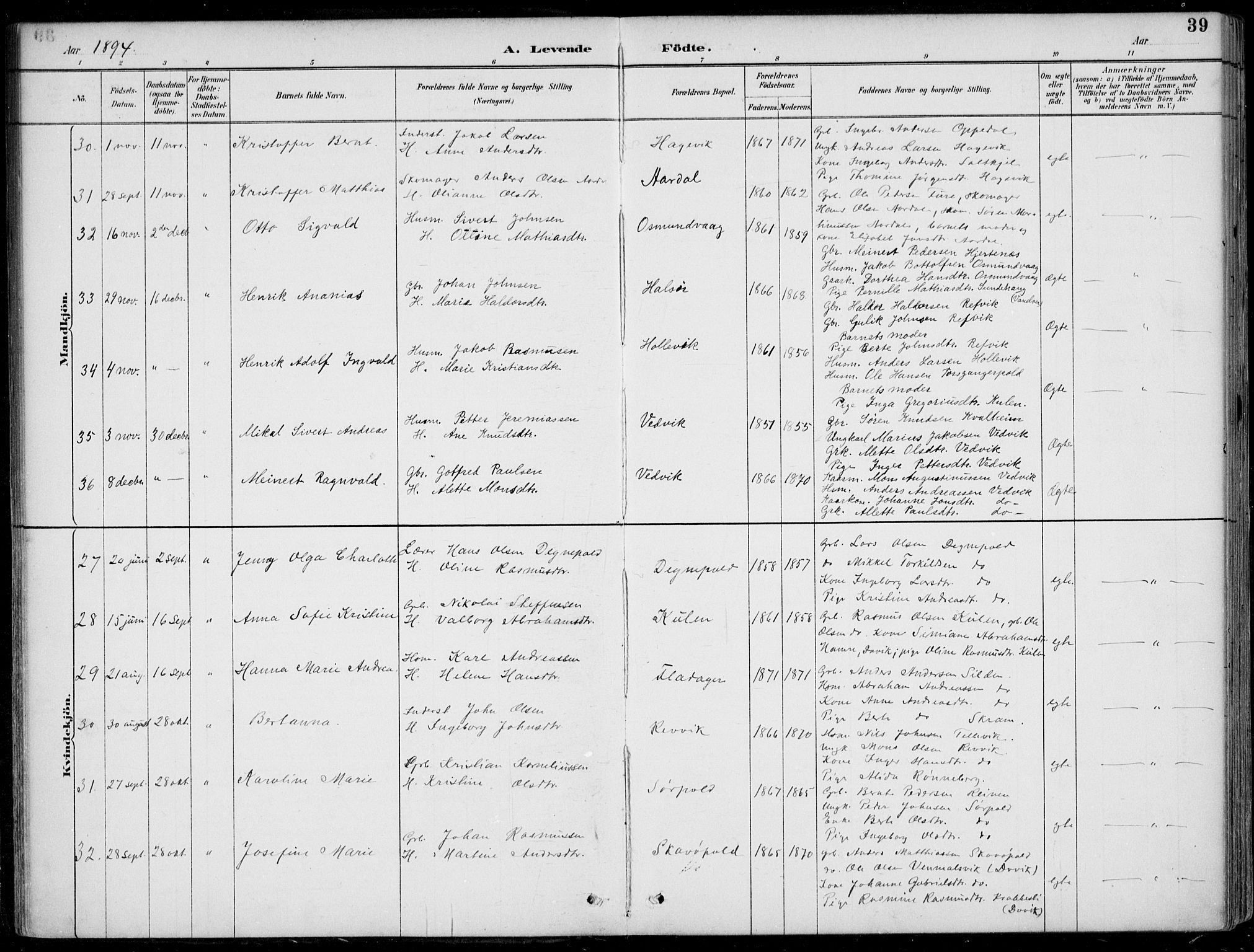 Selje sokneprestembete, AV/SAB-A-99938/H/Ha/Haa/Haac/L0002: Parish register (official) no. C  2, 1889-1904, p. 39