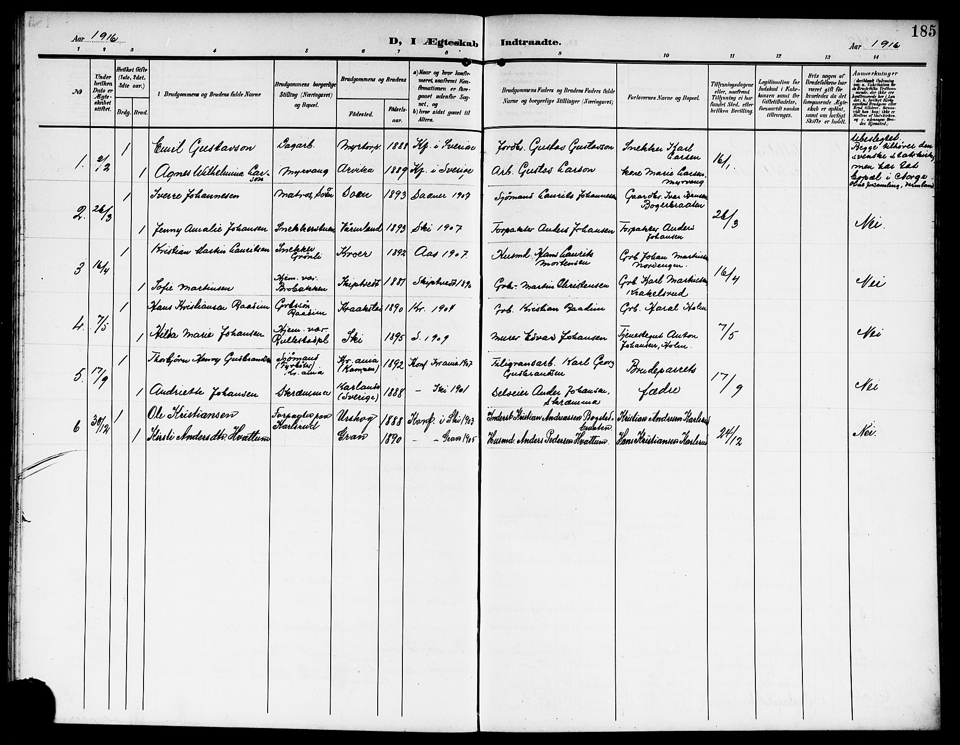 Kråkstad prestekontor Kirkebøker, AV/SAO-A-10125a/G/Gb/L0001: Parish register (copy) no. II 1, 1905-1920, p. 185