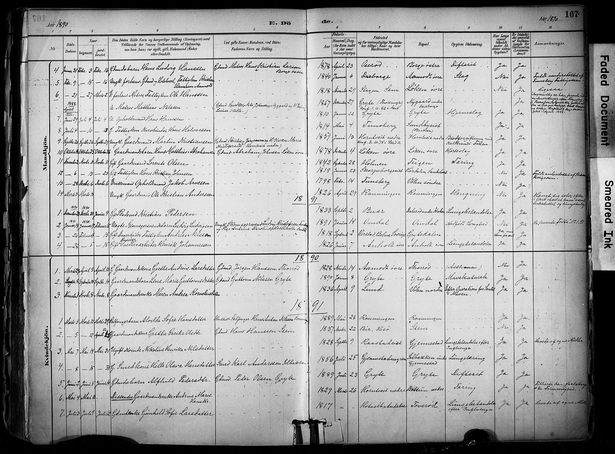 Stokke kirkebøker, SAKO/A-320/F/Fb/L0001: Parish register (official) no. II 1, 1884-1910, p. 167