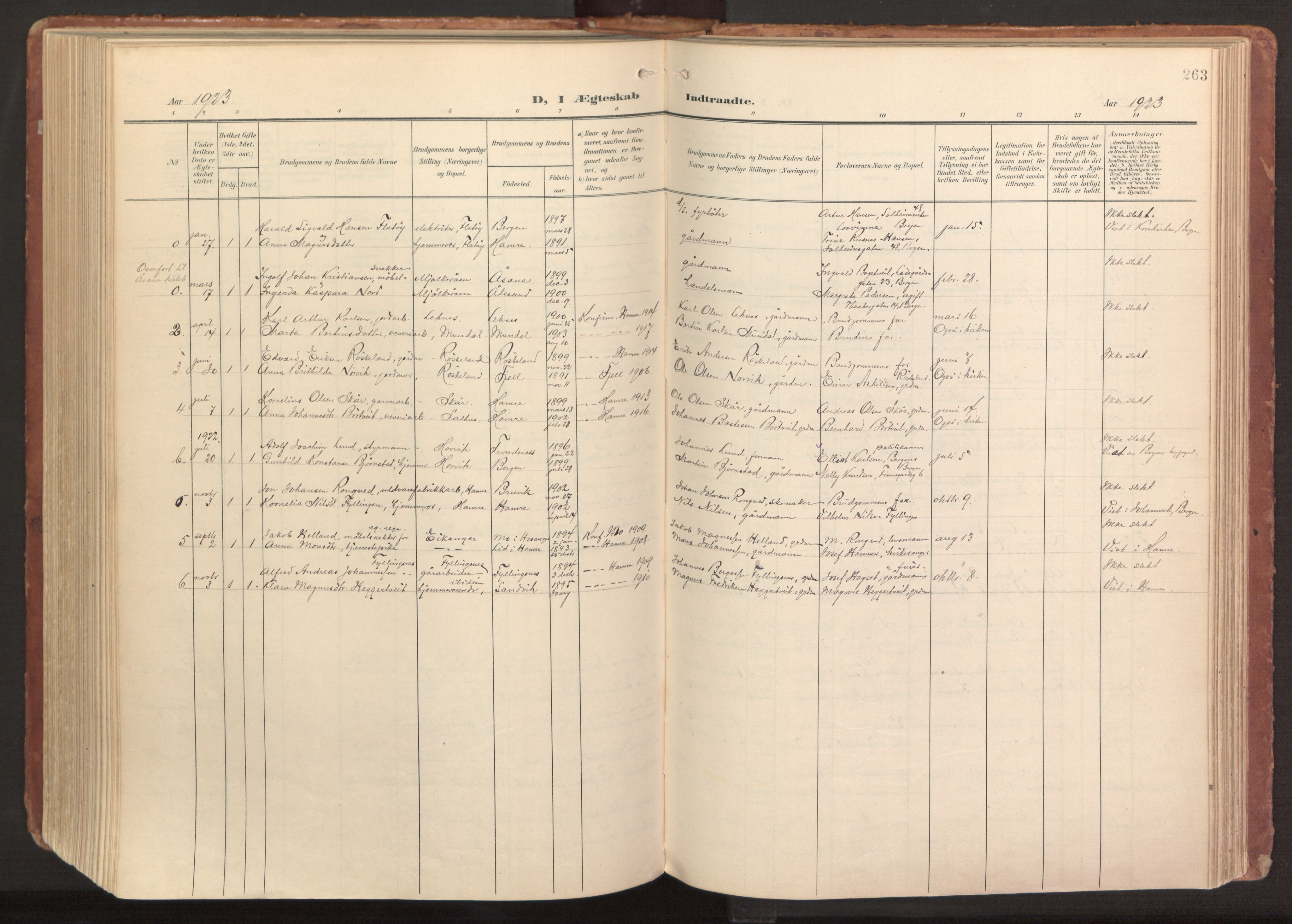 Hamre sokneprestembete, SAB/A-75501/H/Ha/Haa/Haab/L0002: Parish register (official) no. B 2, 1905-1924, p. 263