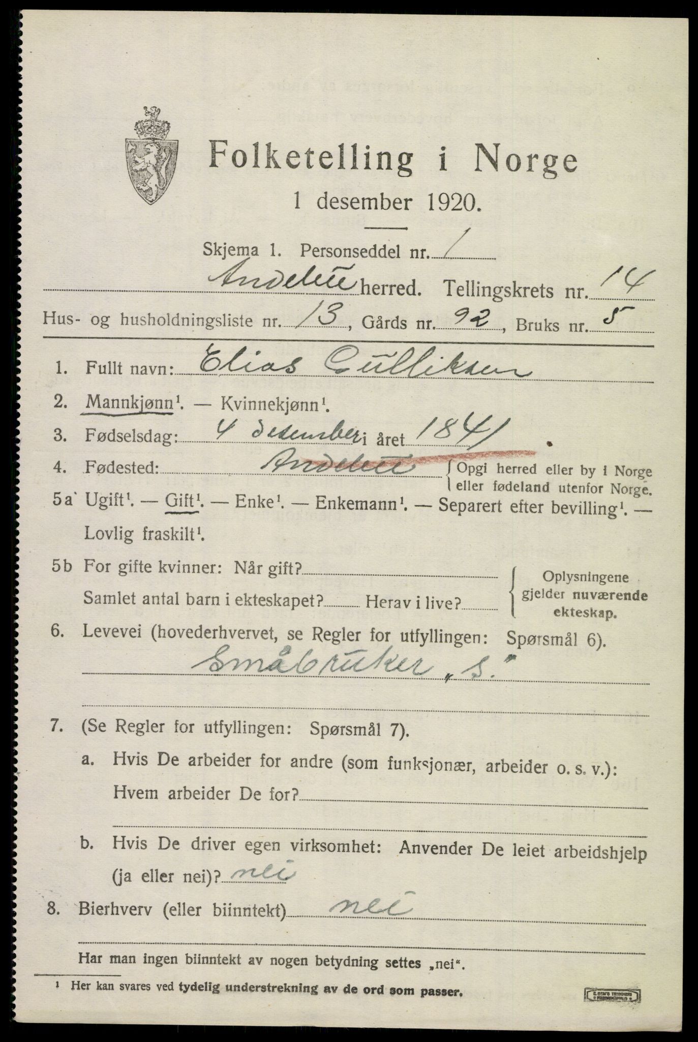 SAKO, 1920 census for Andebu, 1920, p. 5216