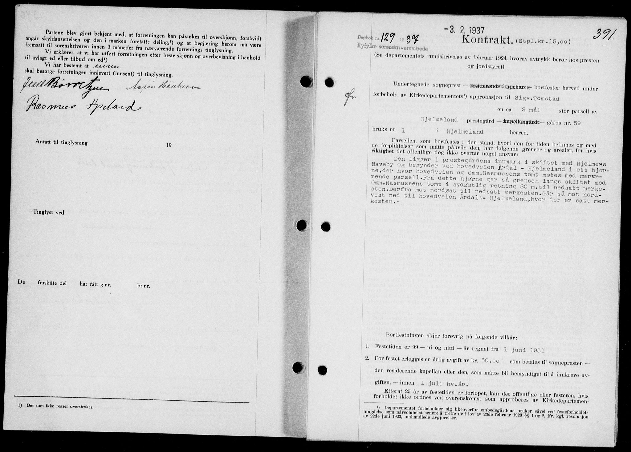 Ryfylke tingrett, SAST/A-100055/001/II/IIB/L0074: Mortgage book no. 53, 1936-1937, Diary no: : 129/1937
