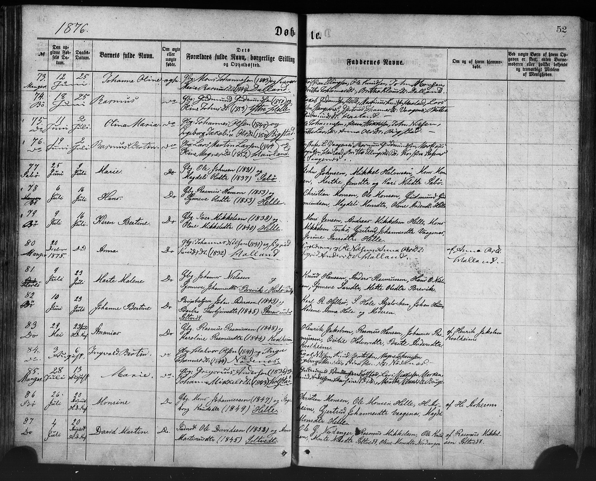Manger sokneprestembete, AV/SAB-A-76801/H/Haa: Parish register (official) no. A 8, 1871-1880, p. 52