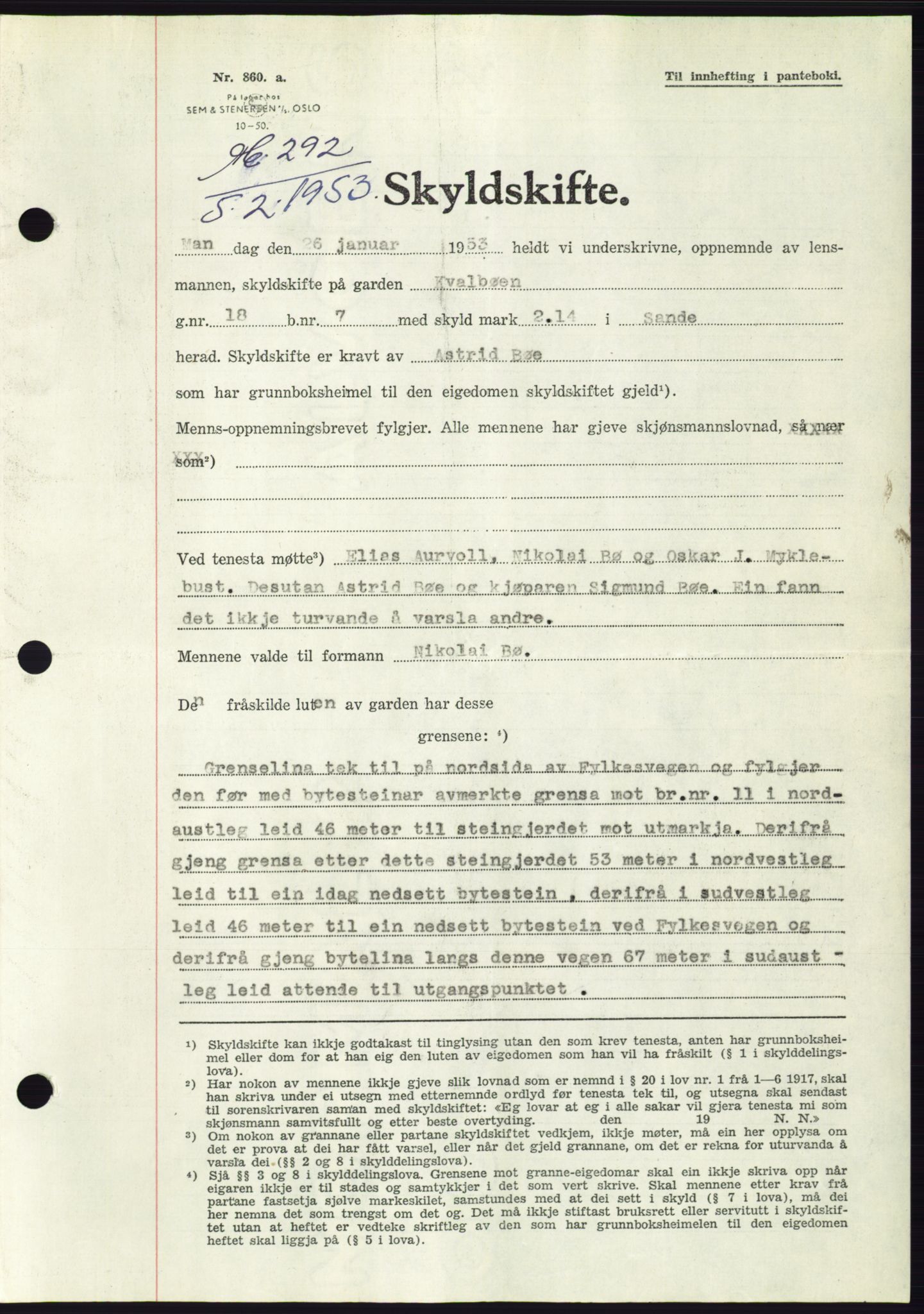 Søre Sunnmøre sorenskriveri, AV/SAT-A-4122/1/2/2C/L0094: Mortgage book no. 20A, 1953-1953, Diary no: : 292/1953