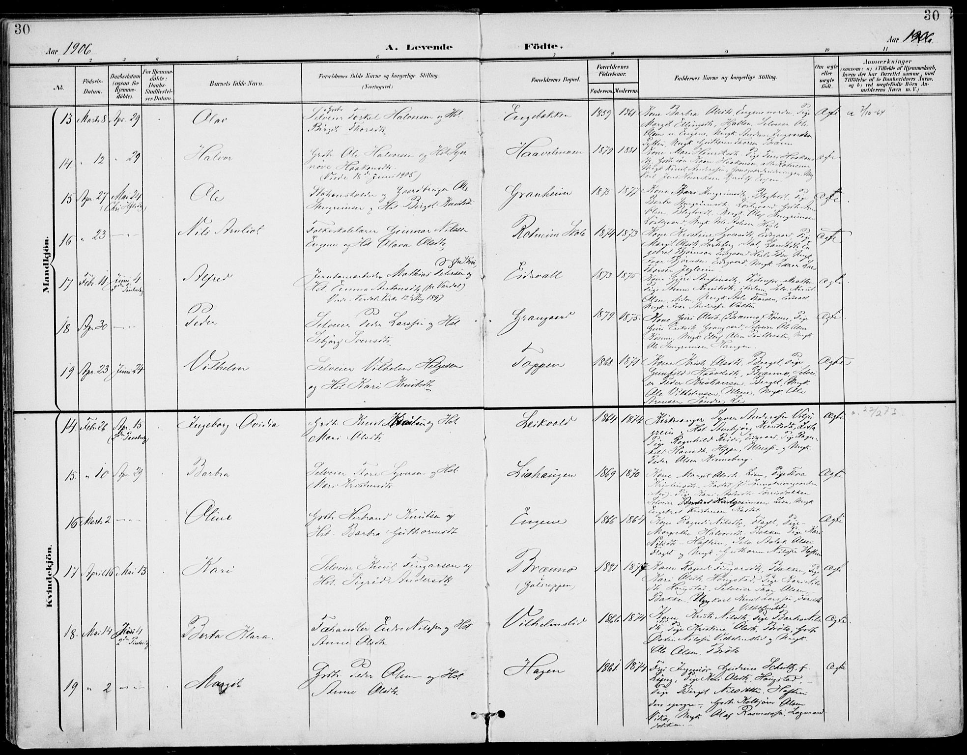 Gol kirkebøker, SAKO/A-226/F/Fa/L0006: Parish register (official) no. I 6, 1901-1918, p. 30