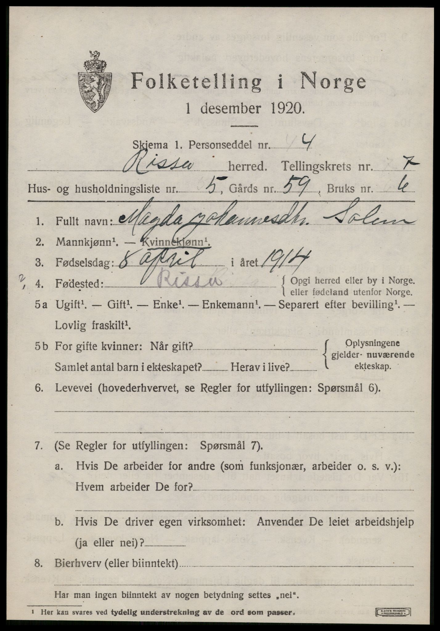 SAT, 1920 census for Rissa, 1920, p. 4841