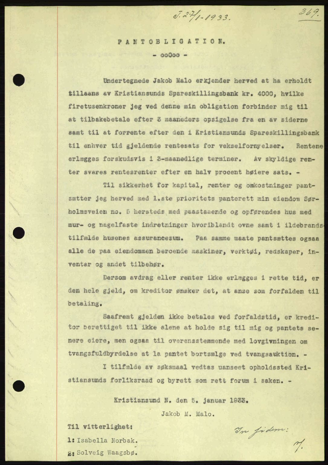 Kristiansund byfogd, AV/SAT-A-4587/A/27: Mortgage book no. 26, 1931-1933, Deed date: 27.01.1933