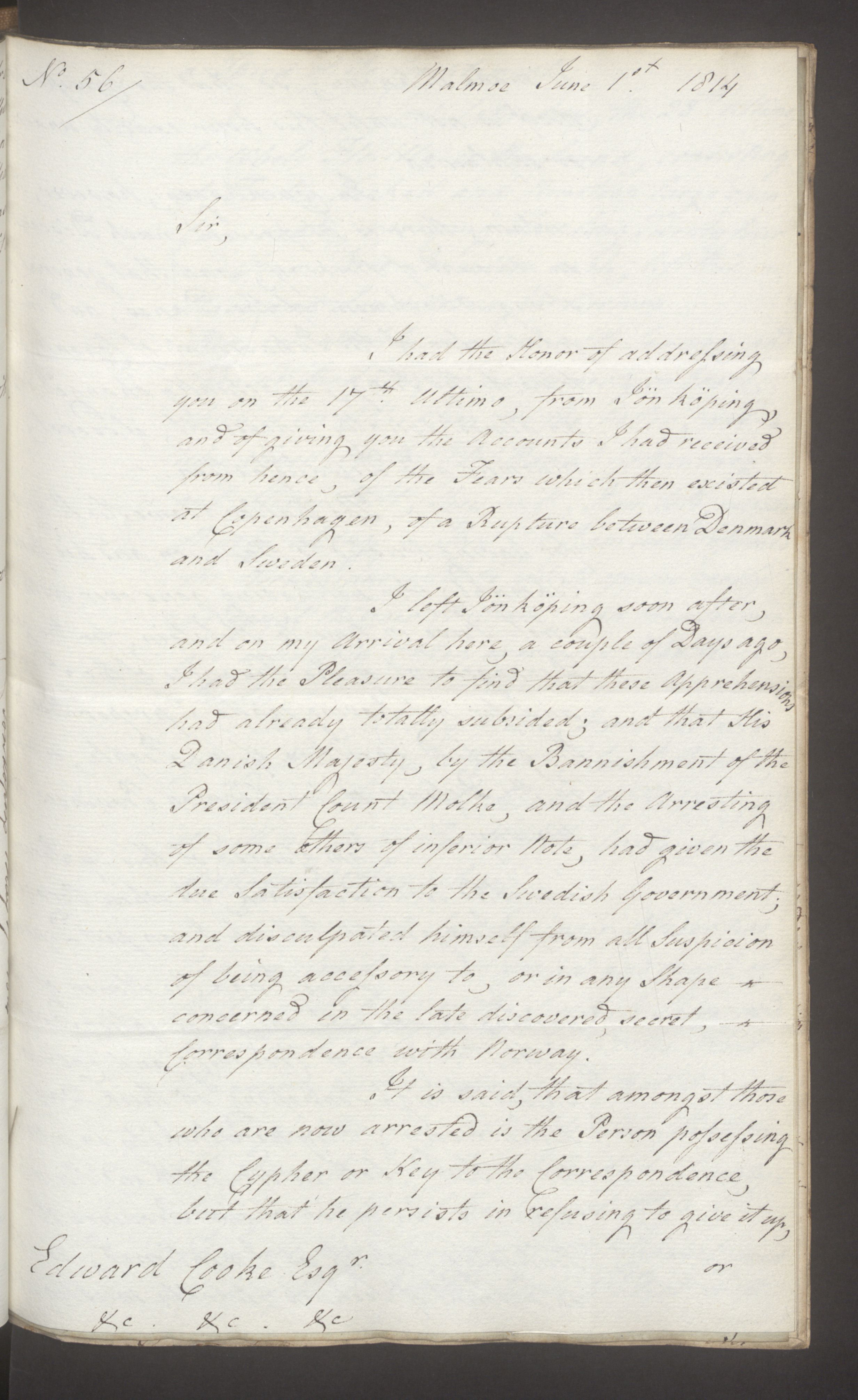 Foreign Office*, UKA/-/FO 38/16: Sir C. Gordon. Reports from Malmö, Jonkoping, and Helsingborg, 1814, p. 57