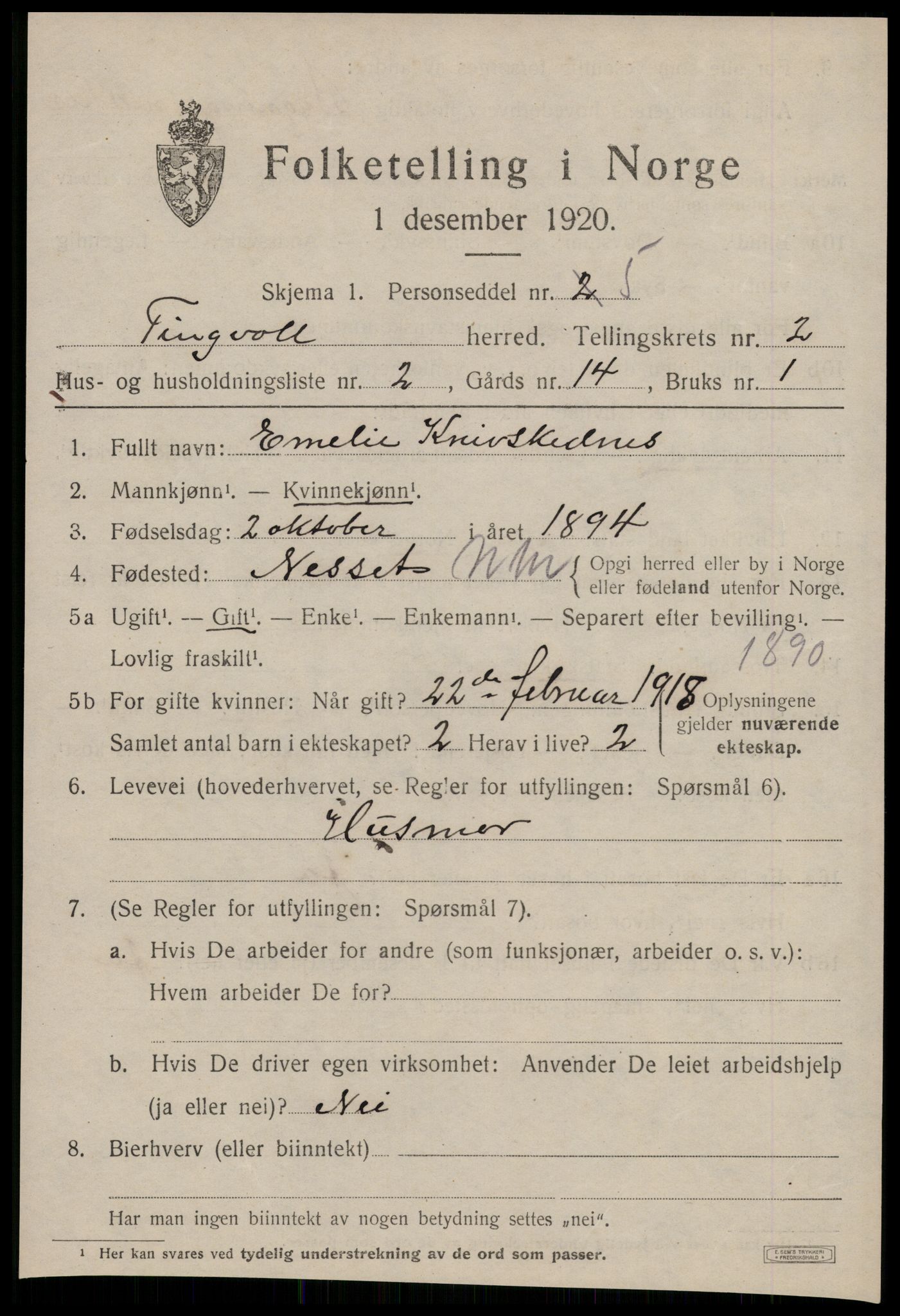 SAT, 1920 census for Tingvoll, 1920, p. 1170