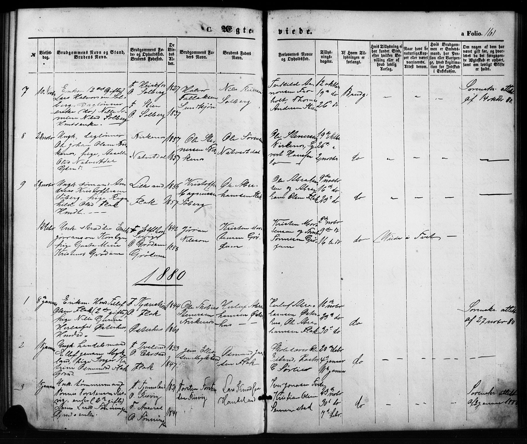 Birkenes sokneprestkontor, SAK/1111-0004/F/Fb/L0003: Parish register (copy) no. B 3, 1876-1892, p. 161