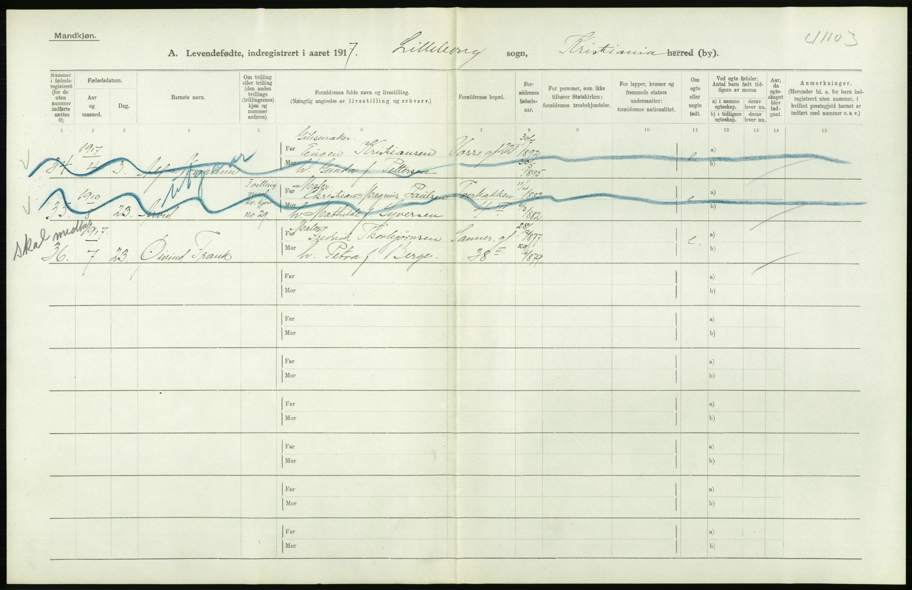 Statistisk sentralbyrå, Sosiodemografiske emner, Befolkning, AV/RA-S-2228/D/Df/Dfb/Dfbg/L0006: Kristiania: Levendefødte menn og kvinner., 1917, p. 384