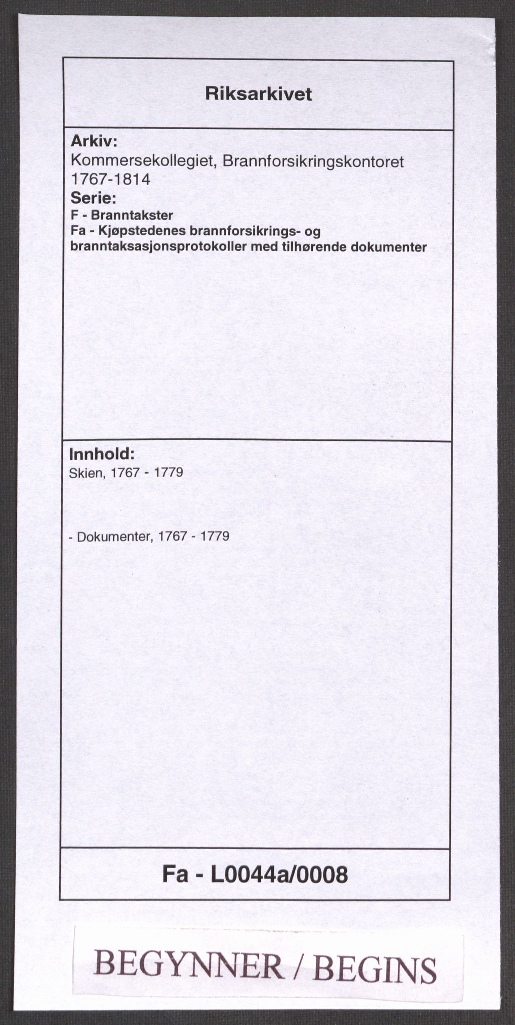 Kommersekollegiet, Brannforsikringskontoret 1767-1814, RA/EA-5458/F/Fa/L0044a/0008: Skien / Dokumenter, 1767-1779