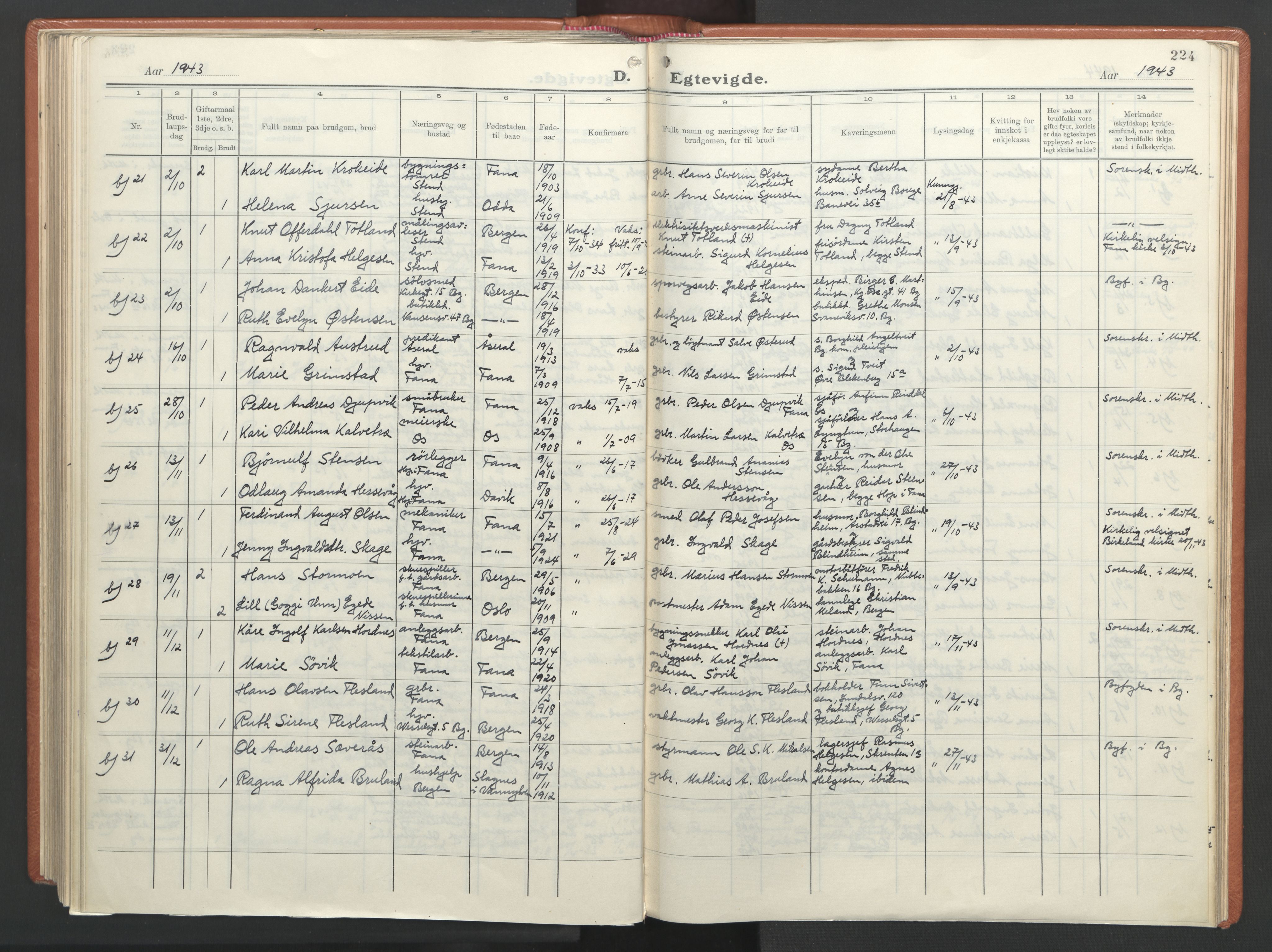 Fana Sokneprestembete, AV/SAB-A-75101/H/Haa/Haab/L0007: Parish register (official) no. B 7, 1934-1947, p. 224