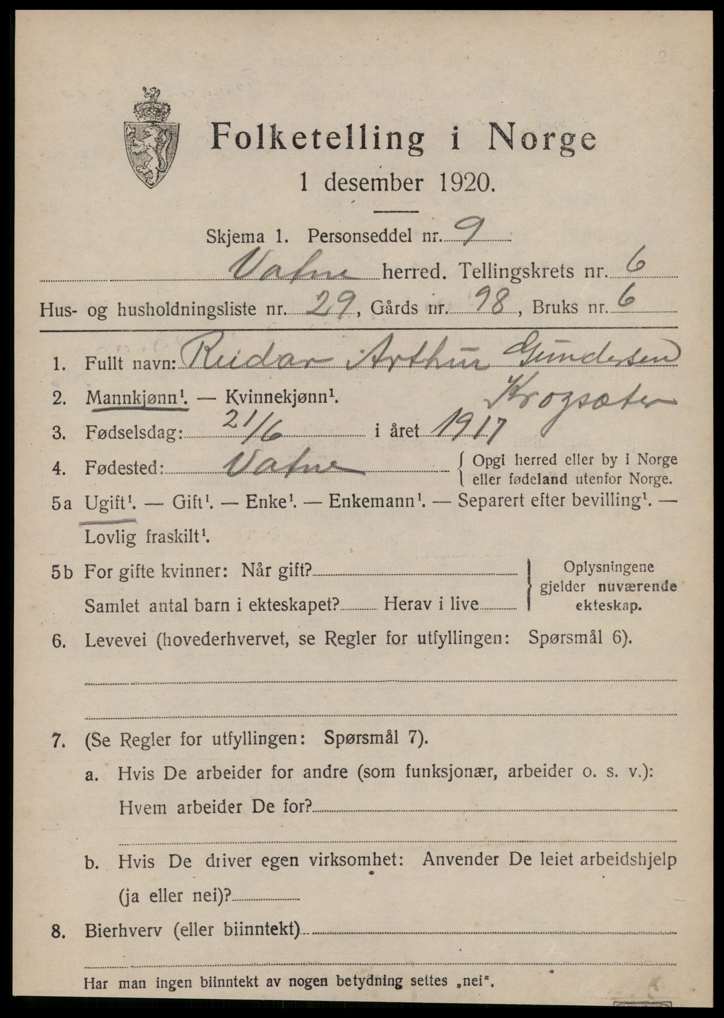 SAT, 1920 census for Vatne, 1920, p. 3112