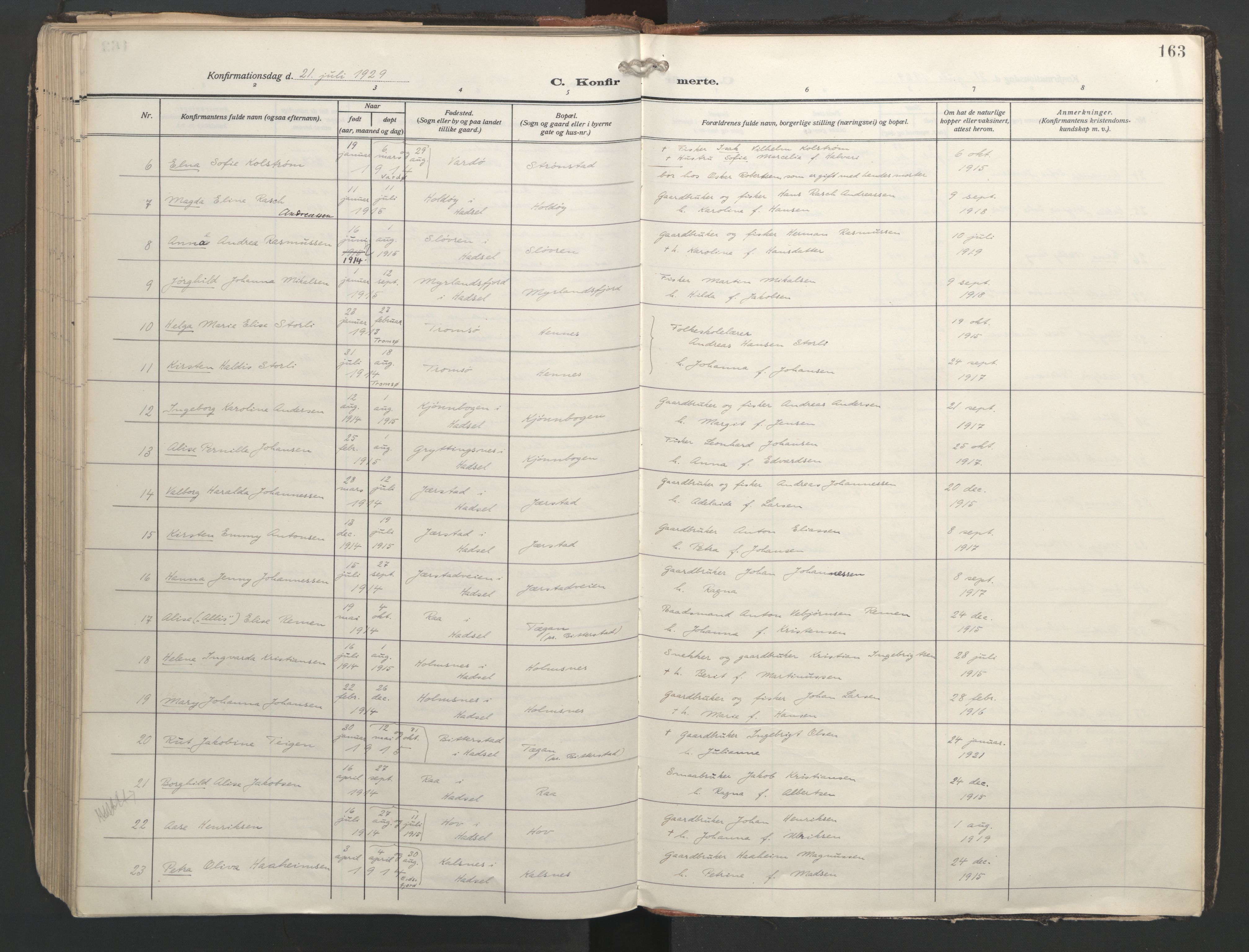 Ministerialprotokoller, klokkerbøker og fødselsregistre - Nordland, SAT/A-1459/888/L1249: Parish register (official) no. 888A15, 1911-1929, p. 163