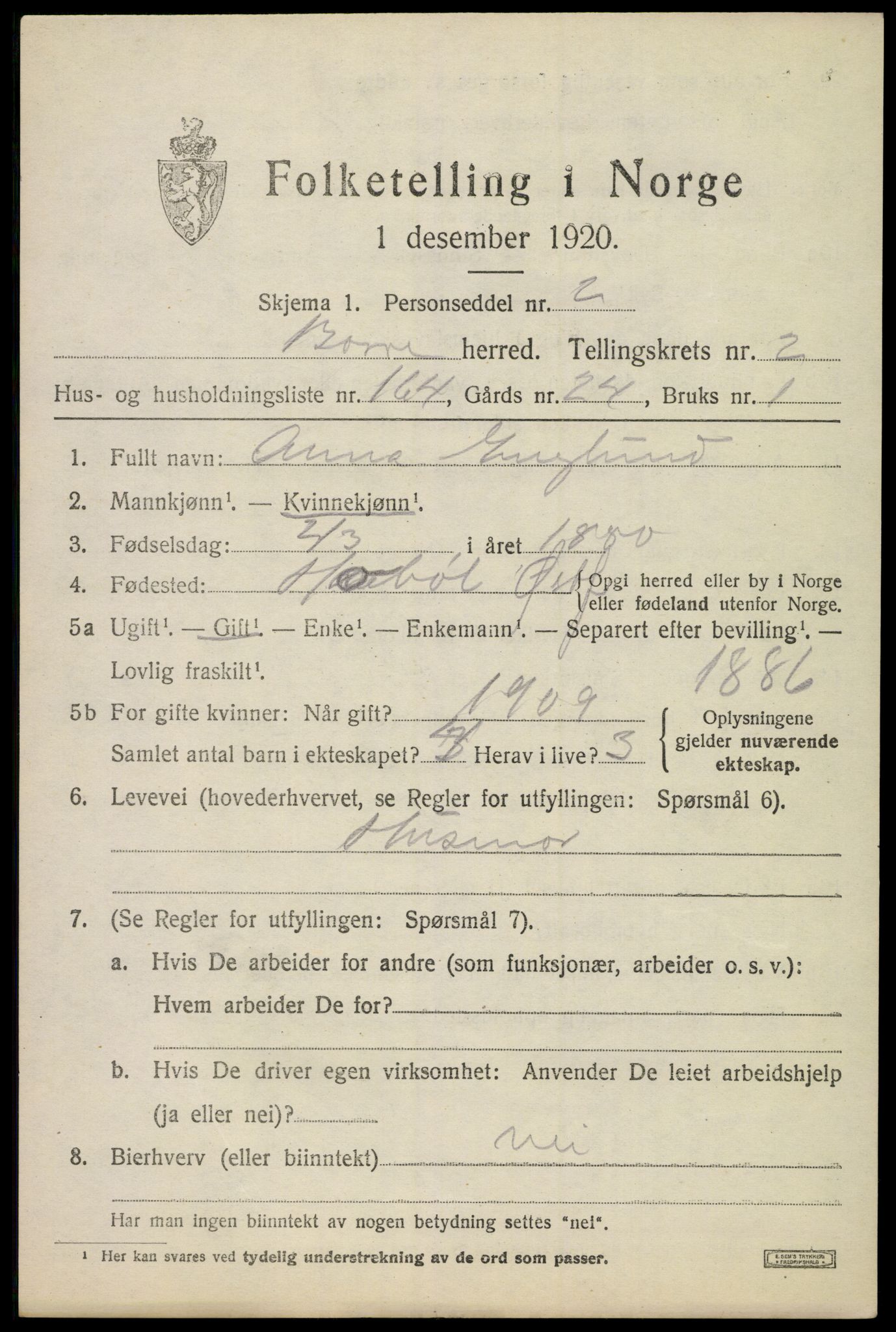 SAKO, 1920 census for Borre, 1920, p. 6086