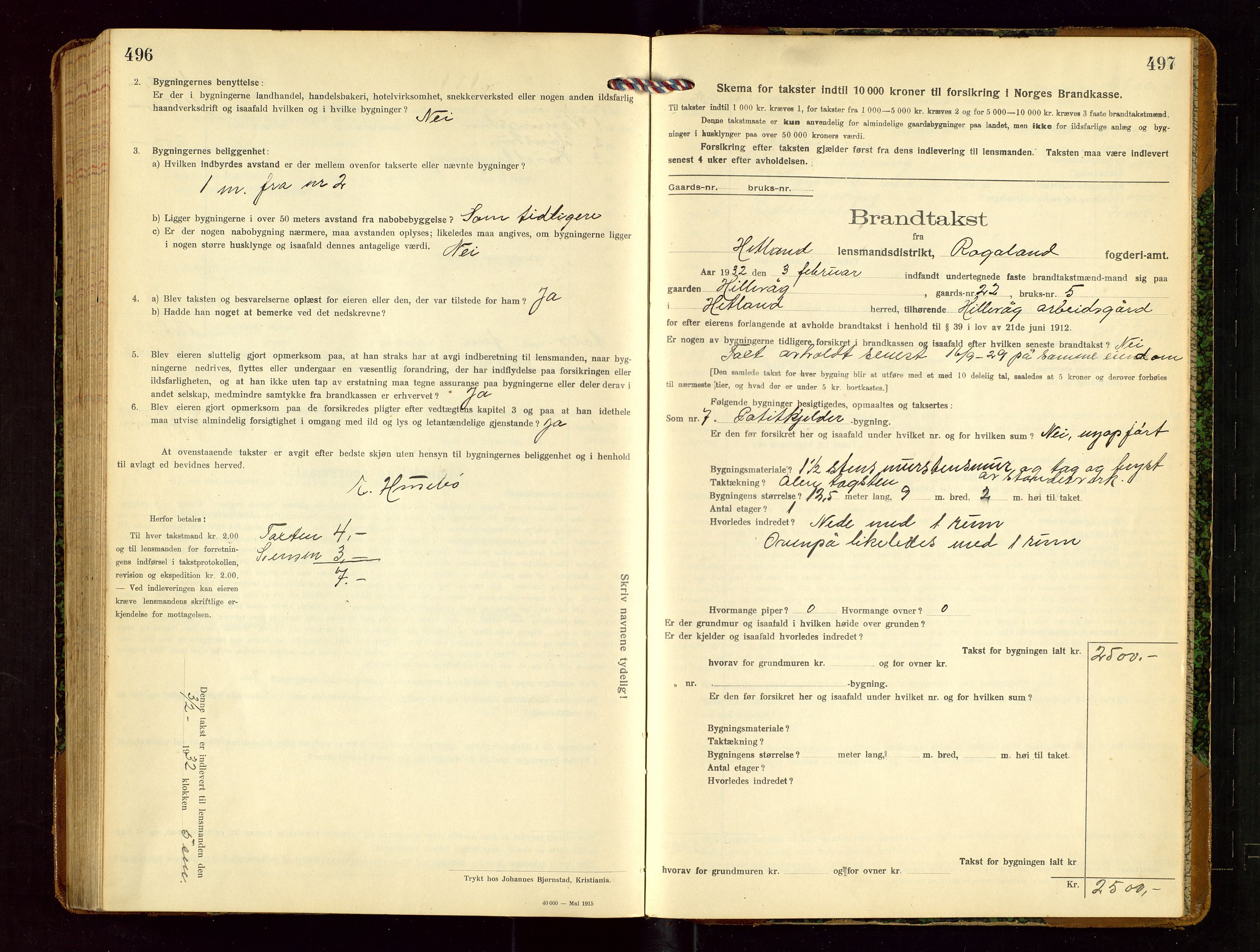 Hetland lensmannskontor, SAST/A-100101/Gob/L0002: "Brandtakstprotokol", 1918-1932, p. 496-497