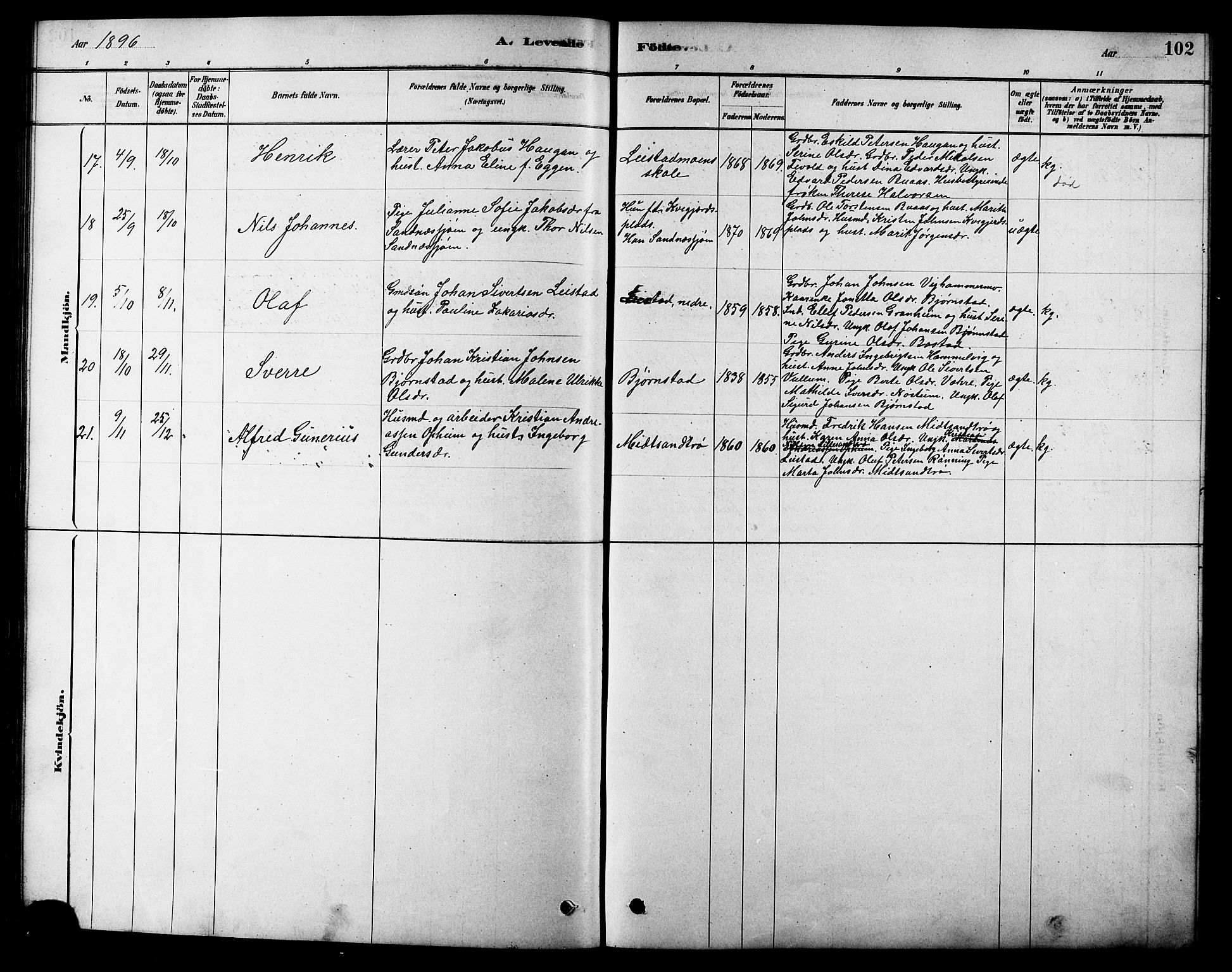 Ministerialprotokoller, klokkerbøker og fødselsregistre - Sør-Trøndelag, SAT/A-1456/616/L0423: Parish register (copy) no. 616C06, 1878-1903, p. 102