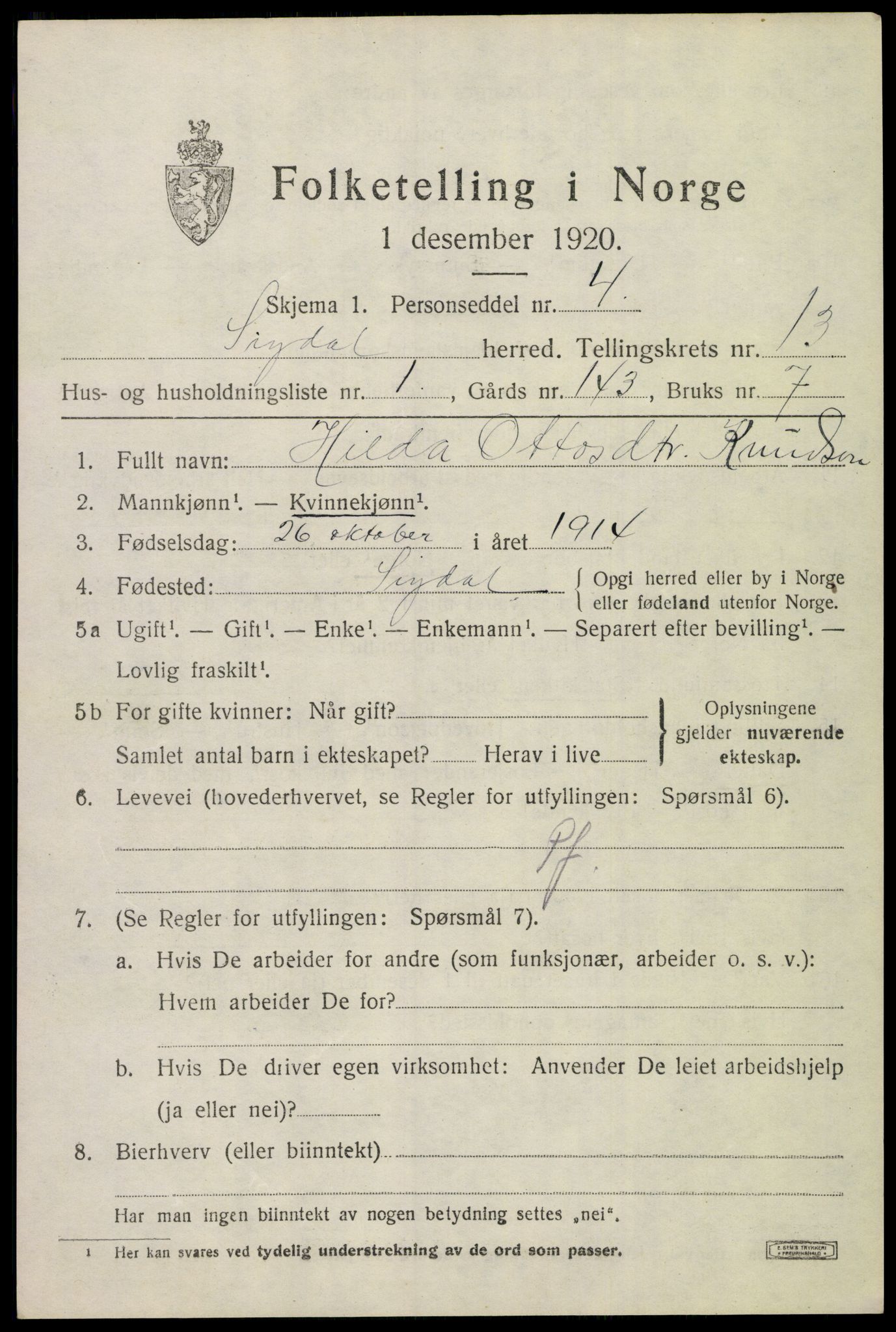 SAKO, 1920 census for Sigdal, 1920, p. 8070