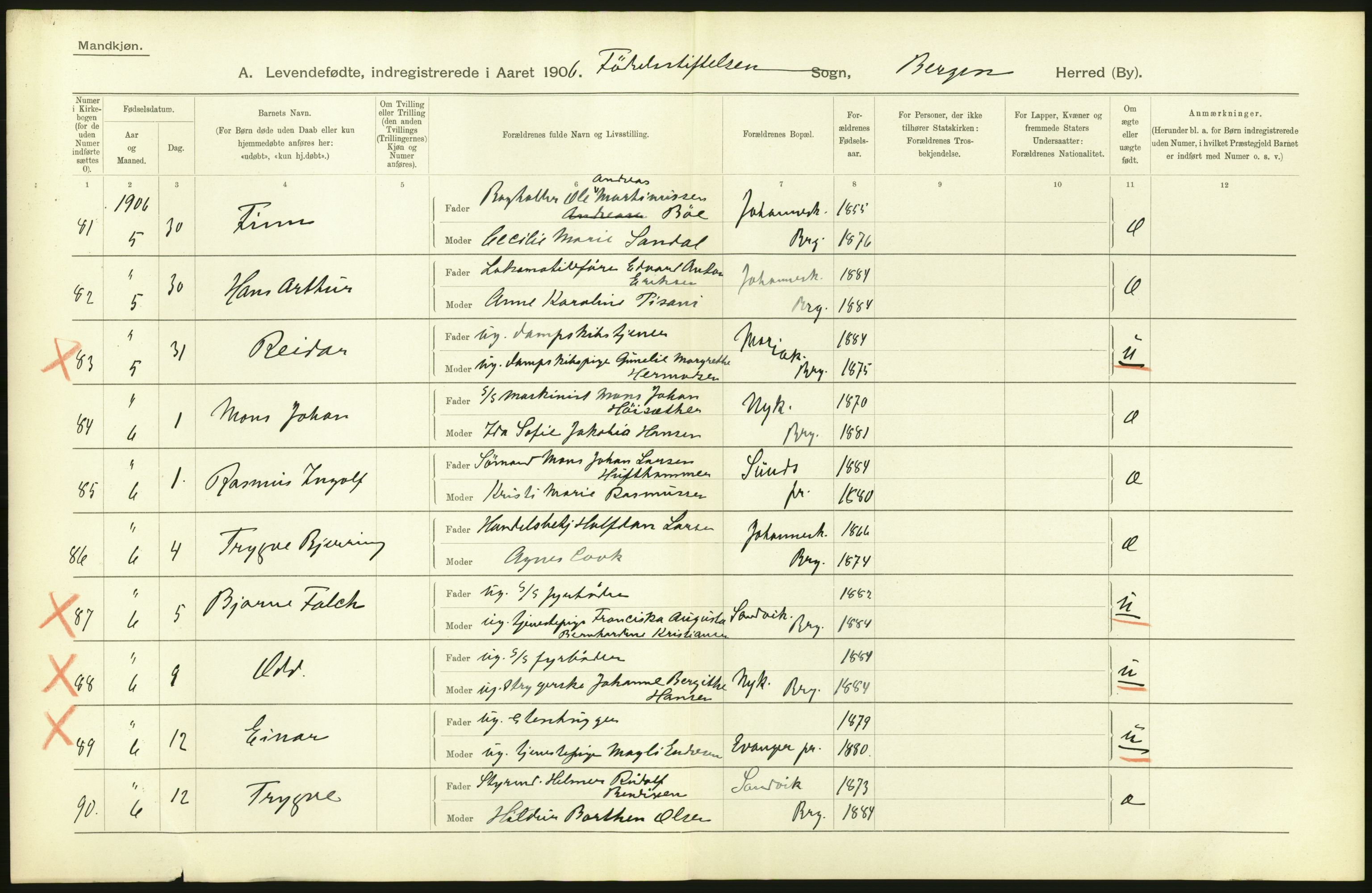 Statistisk sentralbyrå, Sosiodemografiske emner, Befolkning, AV/RA-S-2228/D/Df/Dfa/Dfad/L0031: Bergen: Levendefødte menn og kvinner., 1906, p. 20