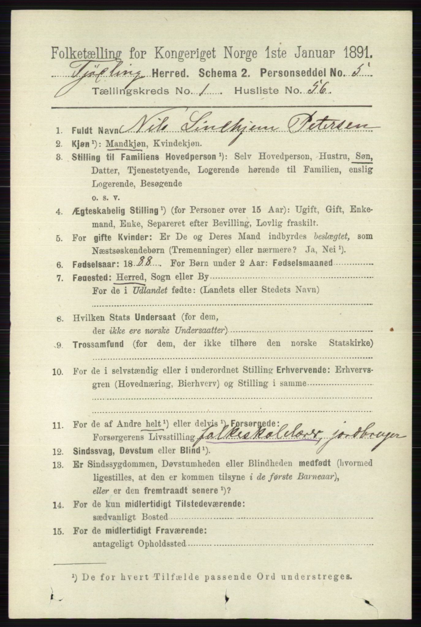 RA, 1891 census for 0725 Tjølling, 1891, p. 439