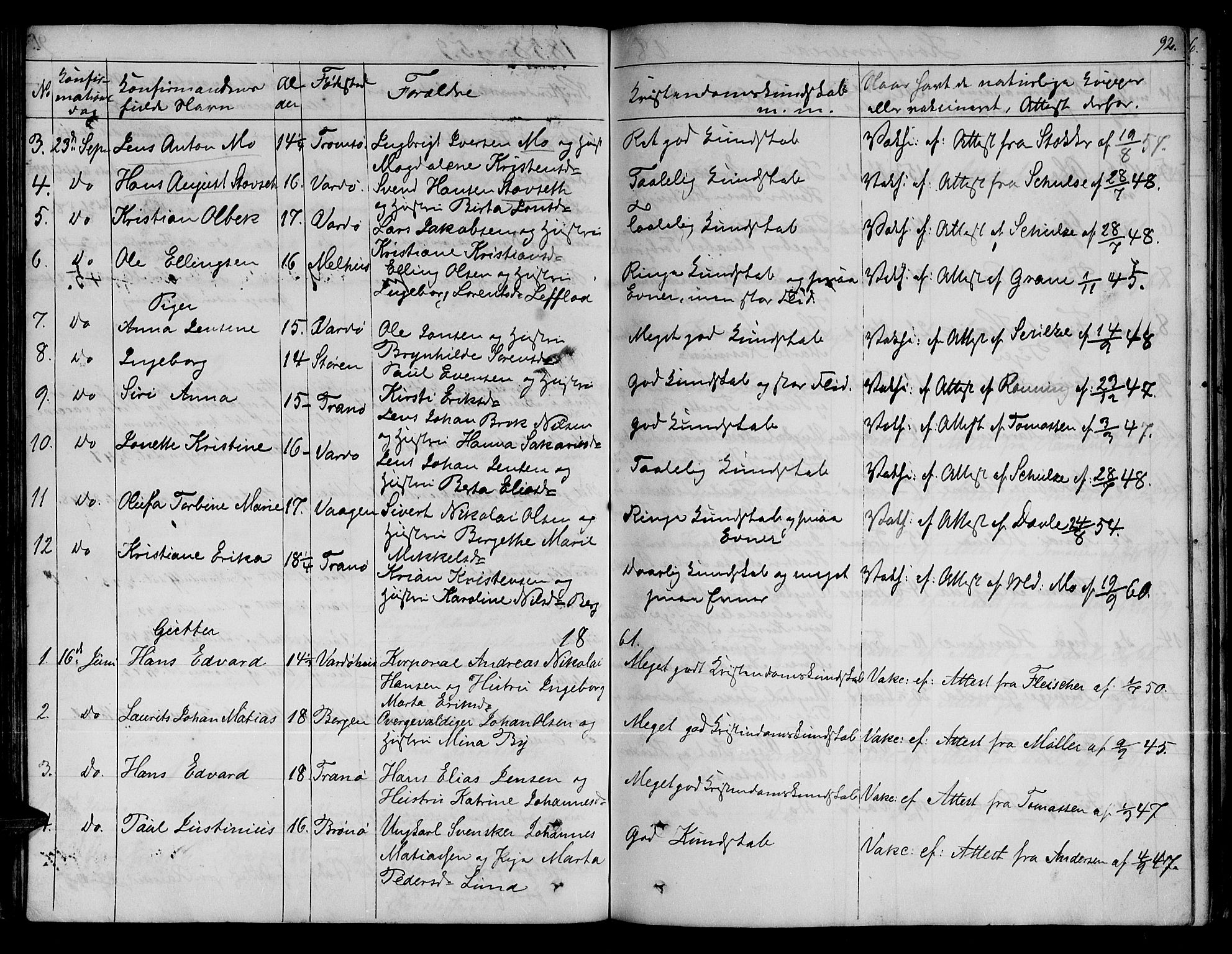 Vardø sokneprestkontor, SATØ/S-1332/H/Hb/L0001klokker: Parish register (copy) no. 1, 1844-1861, p. 92