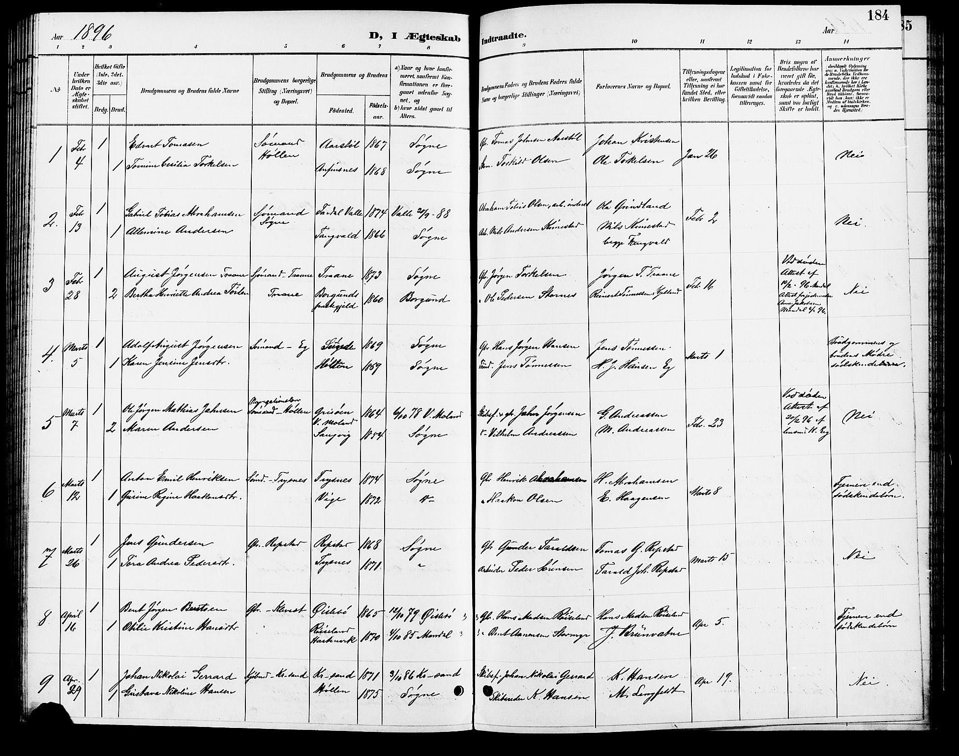 Søgne sokneprestkontor, SAK/1111-0037/F/Fb/Fbb/L0006: Parish register (copy) no. B 6, 1892-1911, p. 184