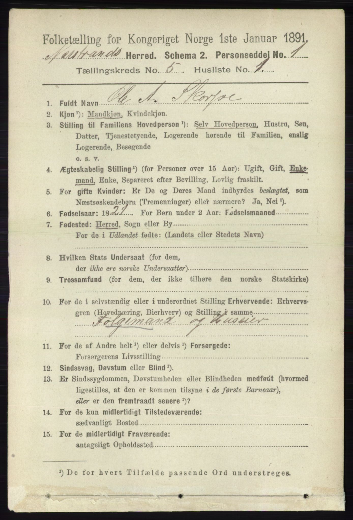 RA, 1891 census for 1139 Nedstrand, 1891, p. 799